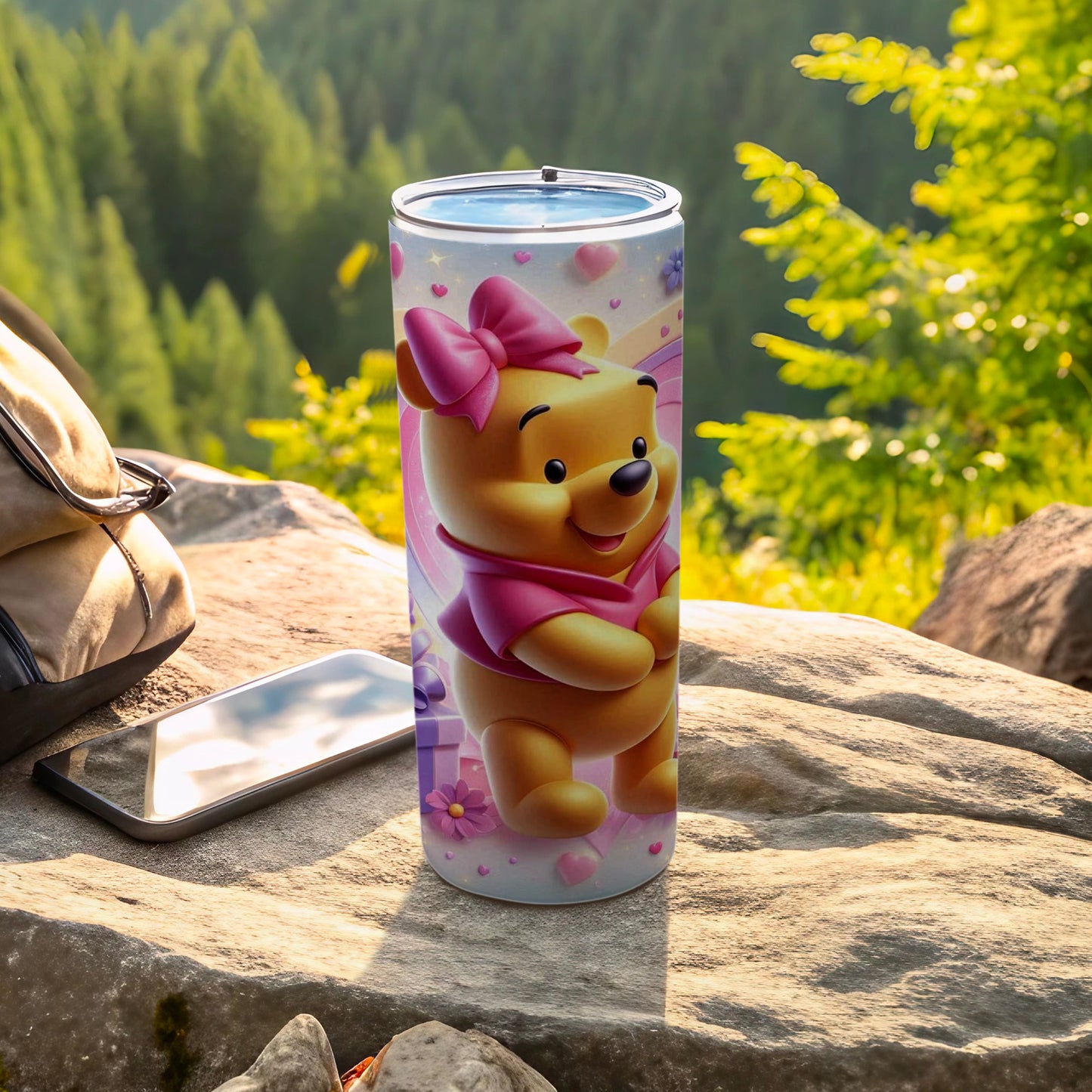 Cute Winnie the Pooh Pink Bow Insulated Tumbler Cup