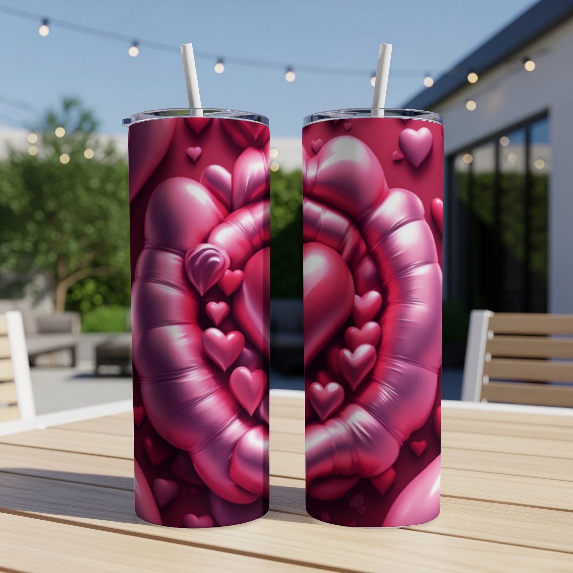 Two pink heart-patterned tumblers with straws on a wooden table.
