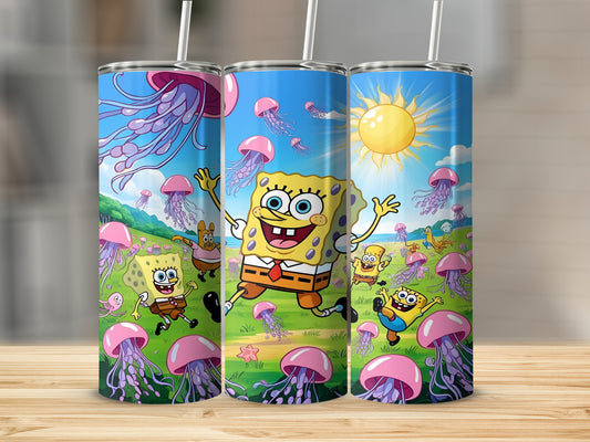 Spongebob Squarepants and jellyfish in a sunny field.