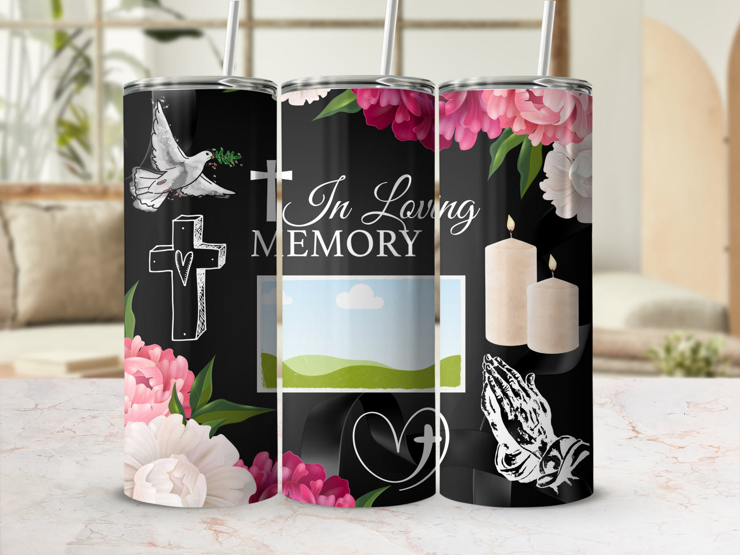 Tumbler with dove, cross, and "In Loving Memory" text with floral accents.