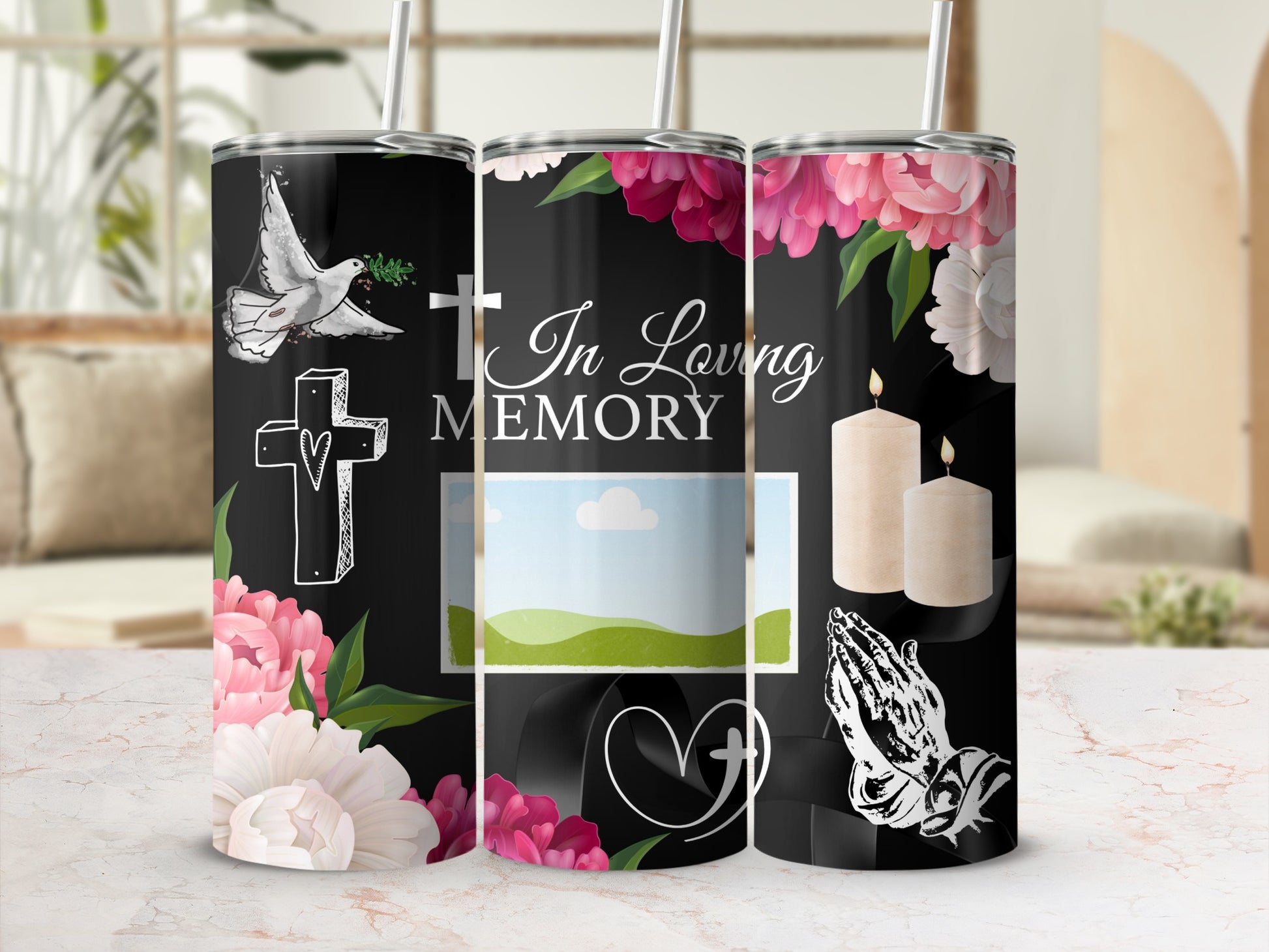 Tumbler with dove, cross, and "In Loving Memory" text with floral accents.