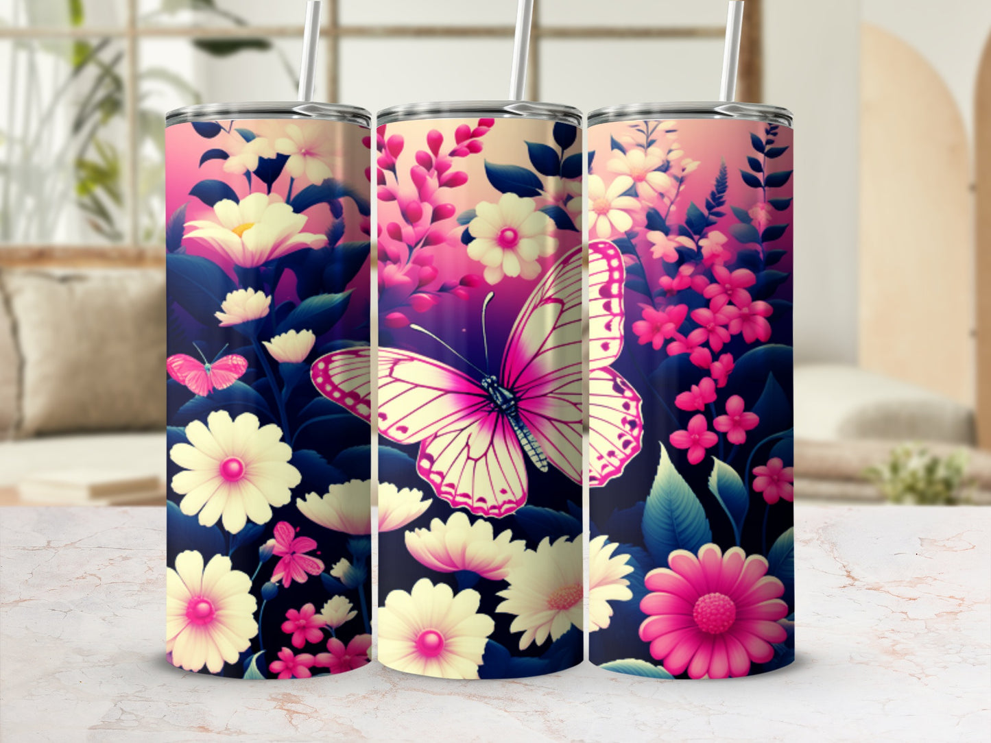 Pink butterfly and flowers on a gradient pink and blue skinny tumbler.