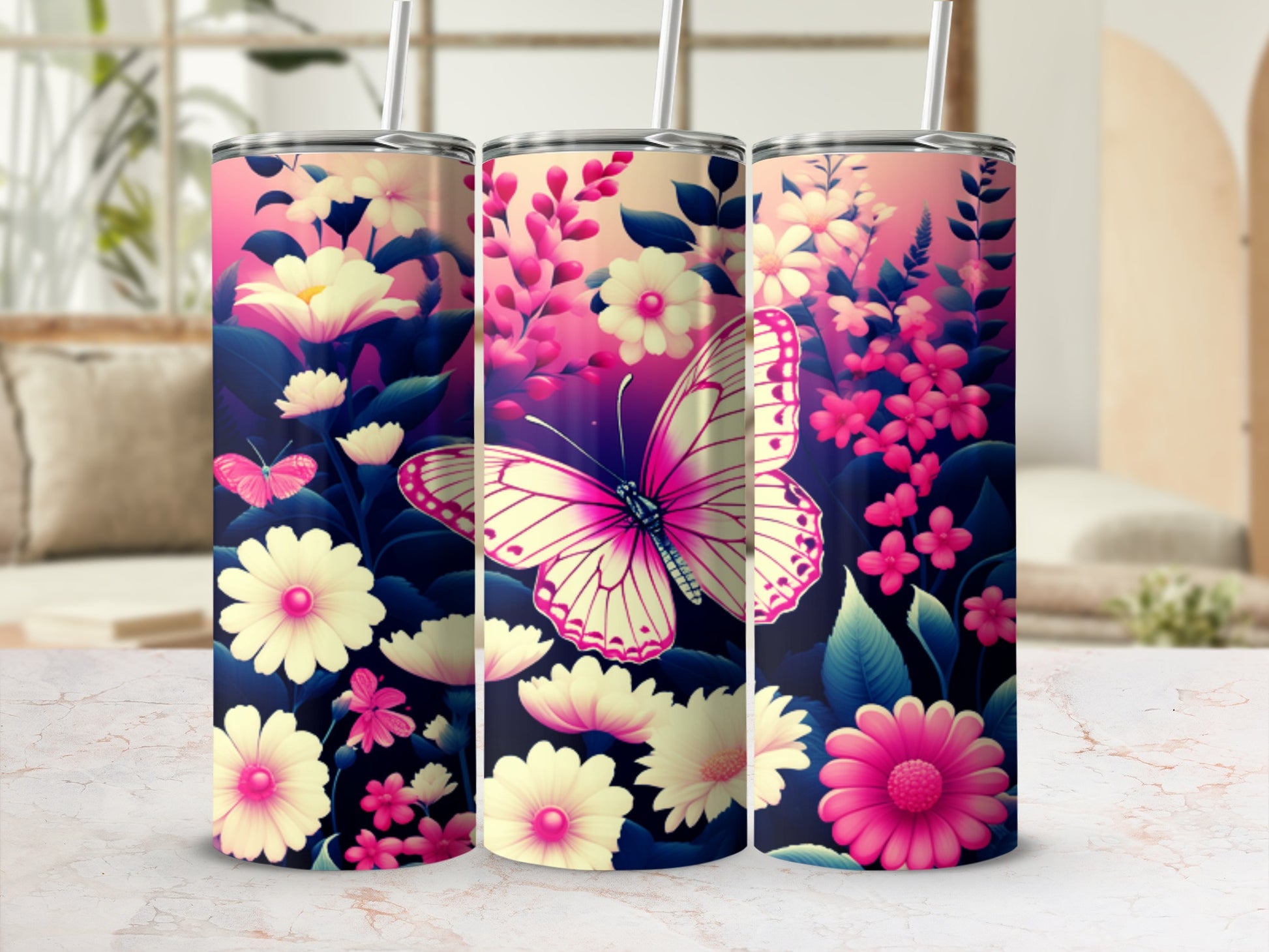 Pink butterfly and flowers on a gradient pink and blue skinny tumbler.