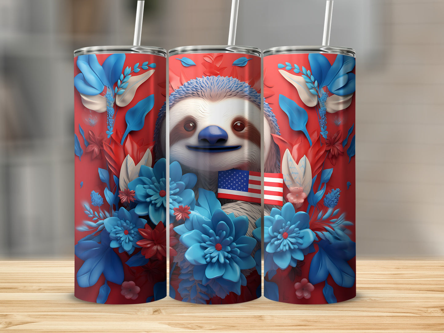 Sloth with American flag and red and blue floral accents.