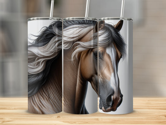 Brown horse with flowing mane on a white background, shown on three tumblers.