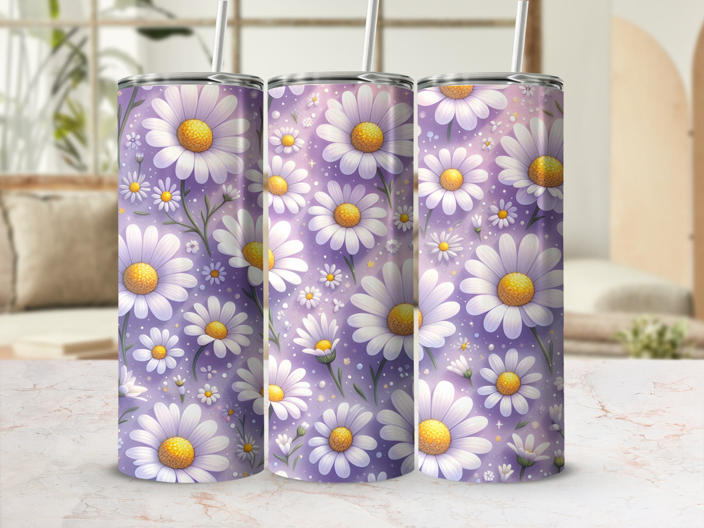Purple tumbler with white and yellow daisy floral pattern.