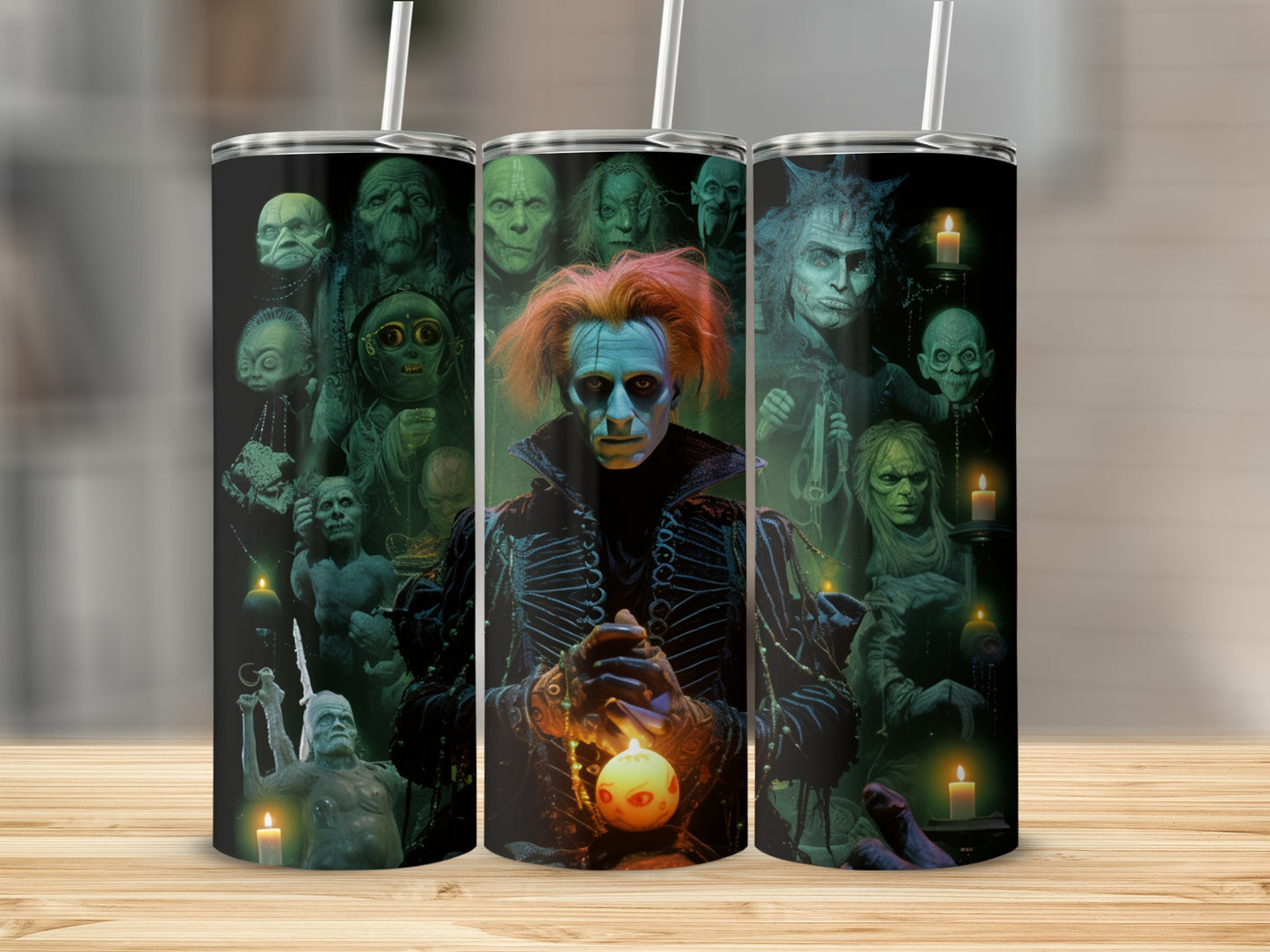 Three tumblers featuring a collage of creepy characters and candles, centered by a man with blue face.
