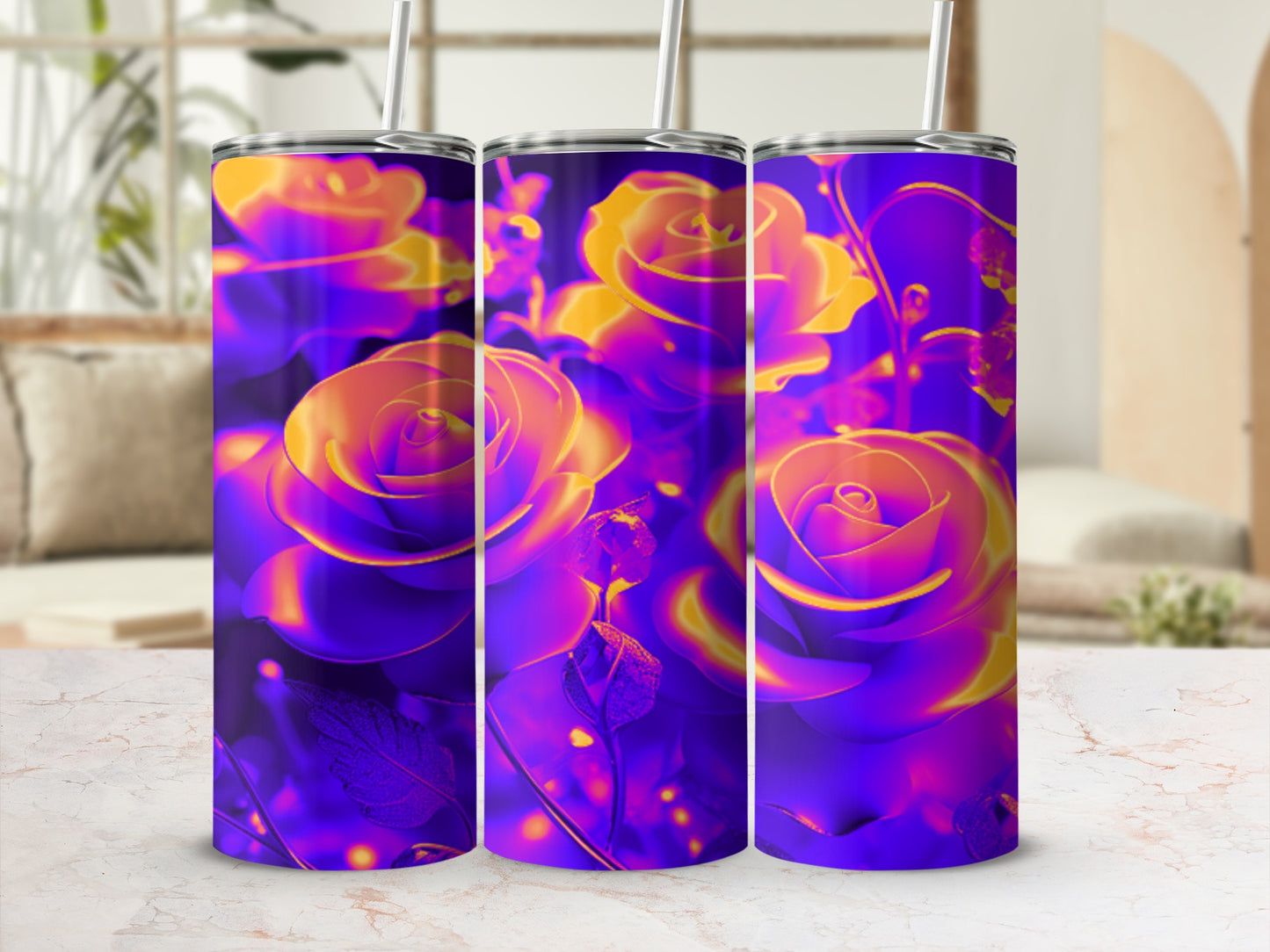 Three tumblers with a vibrant purple and yellow rose floral design.
