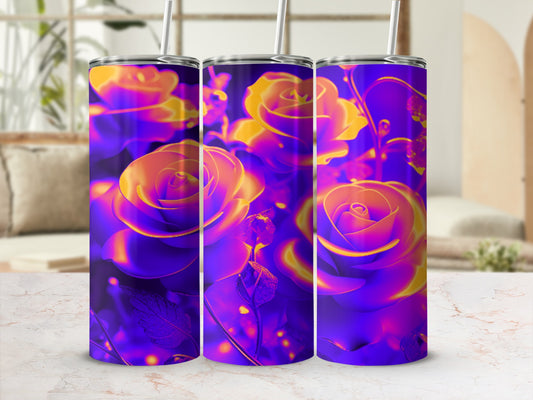 Three tumblers with a vibrant purple and yellow rose floral design.