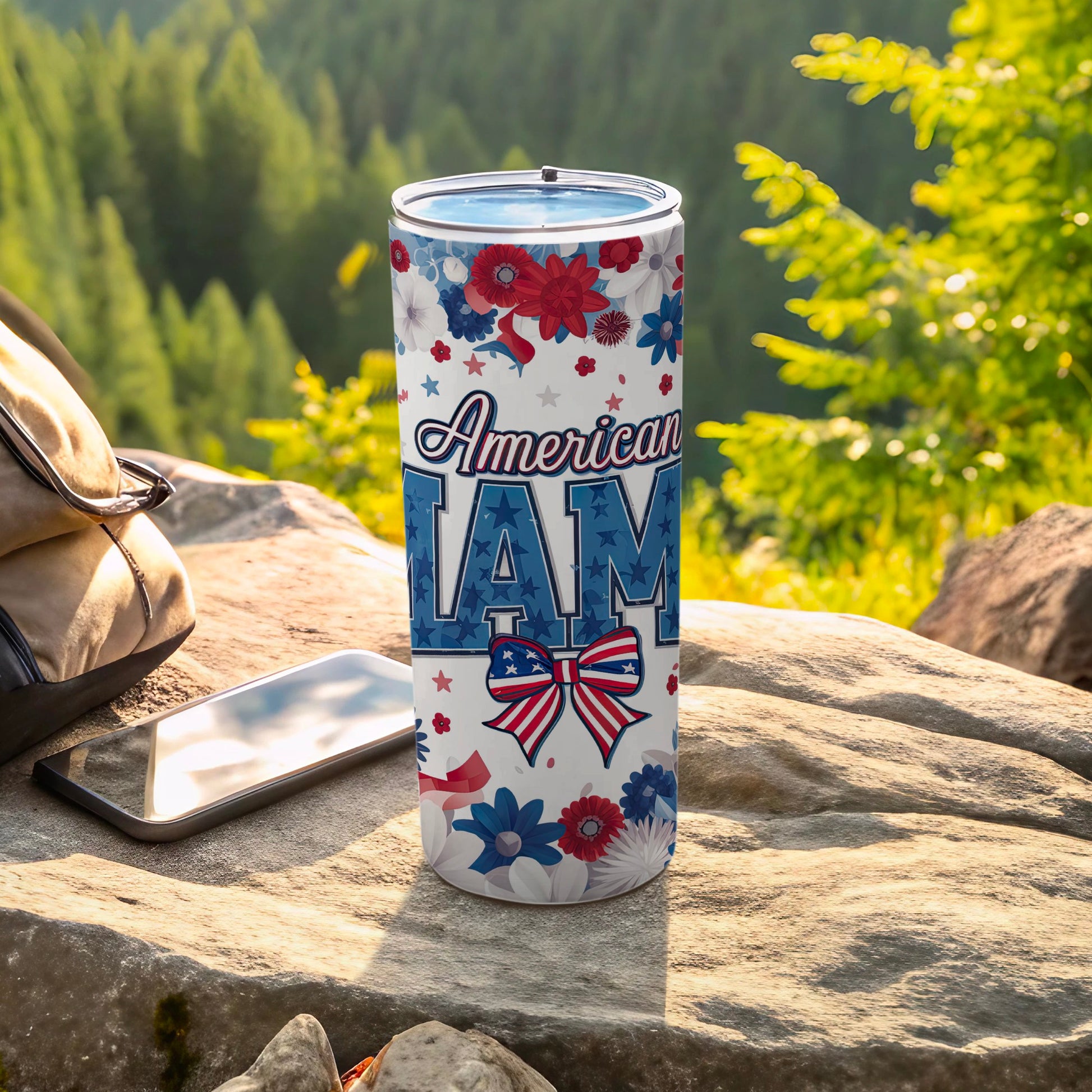 American I AM tumbler with patriotic floral design and bow.
