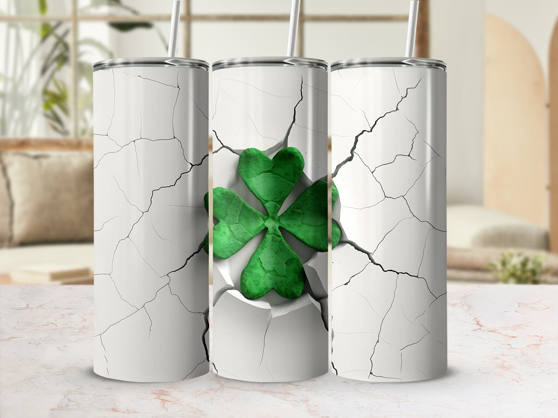 Three white tumblers with cracked surface revealing a green clover.