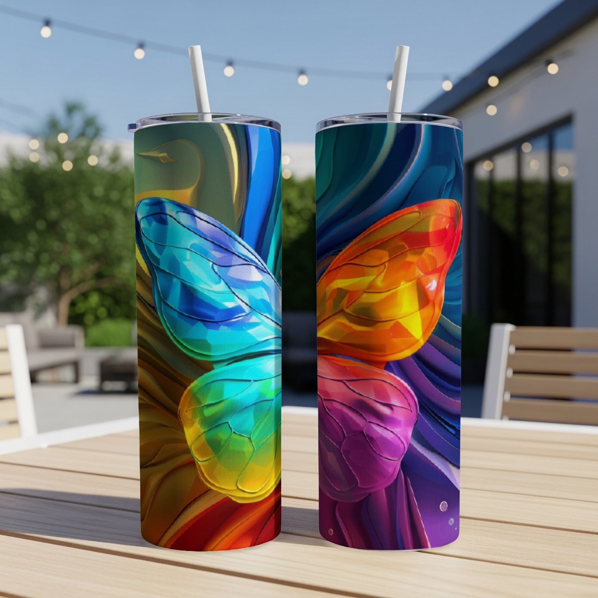 Two tumblers with colorful butterfly wing designs, one blue-green, one purple-orange.