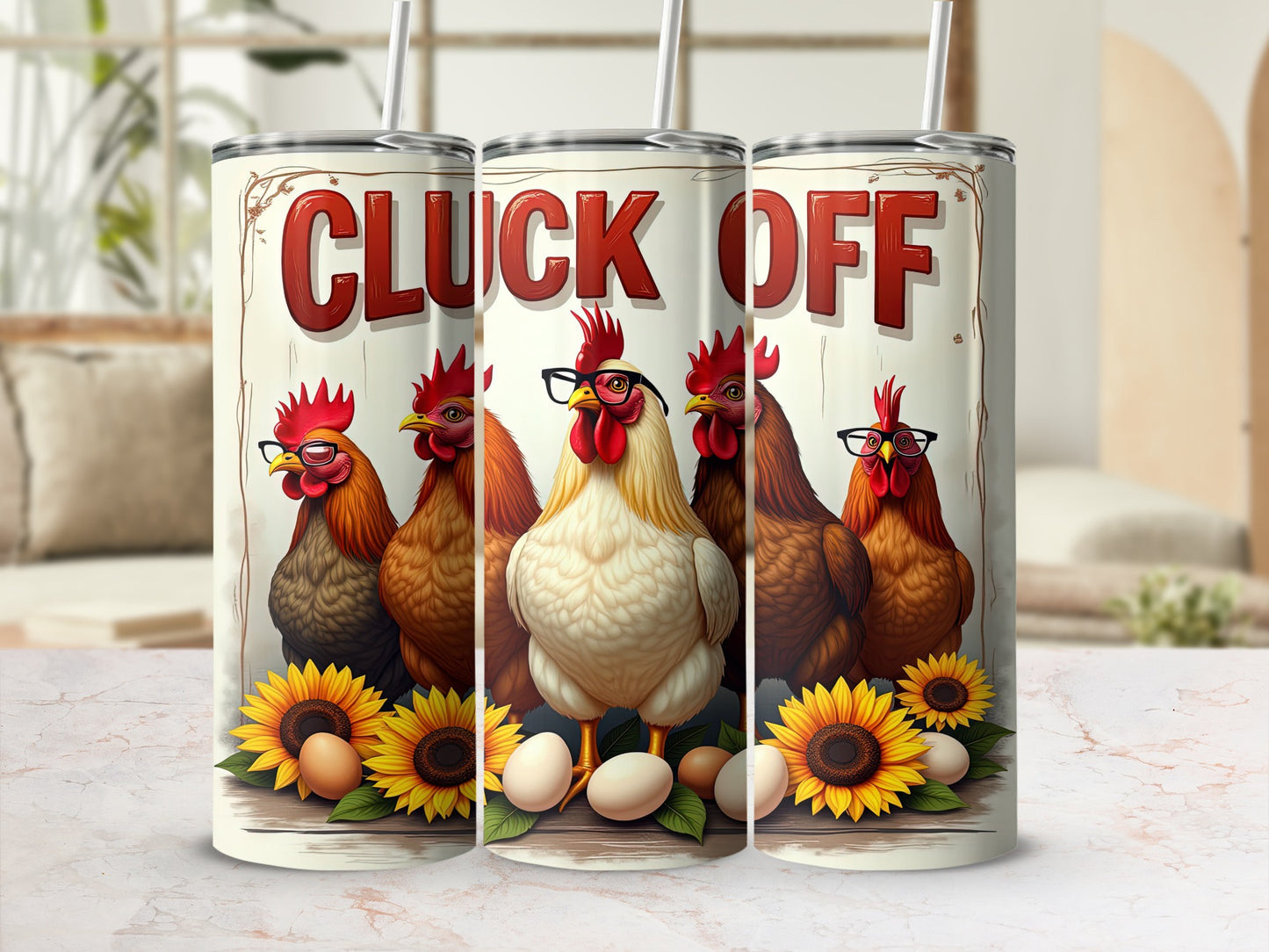 'CLUCK OFF' Rooster Chickens Wearing Glasses Sunflowers Eggs product type
