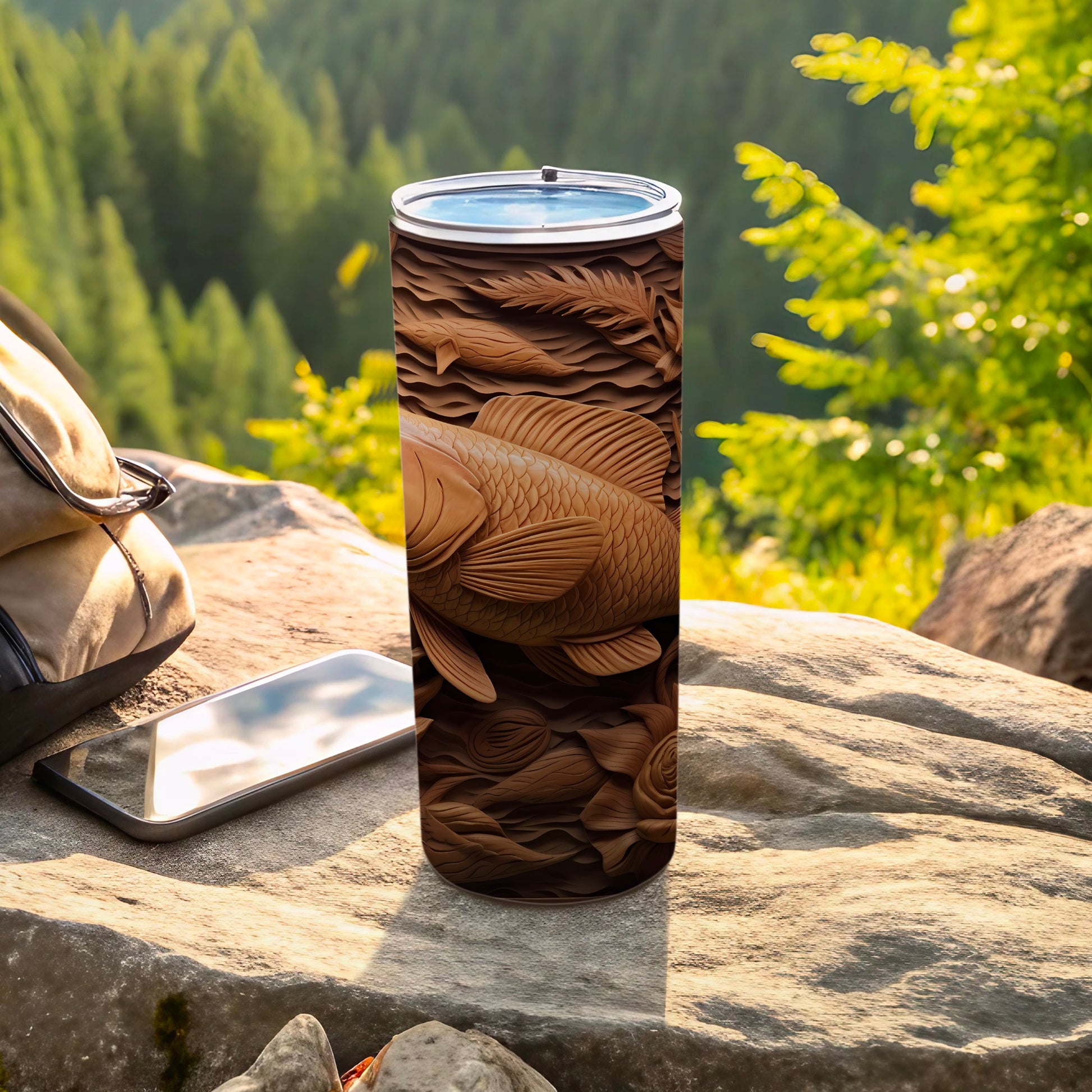 Wood-carved fish design on a brown tumbler, placed on rocks with a backpack and phone.