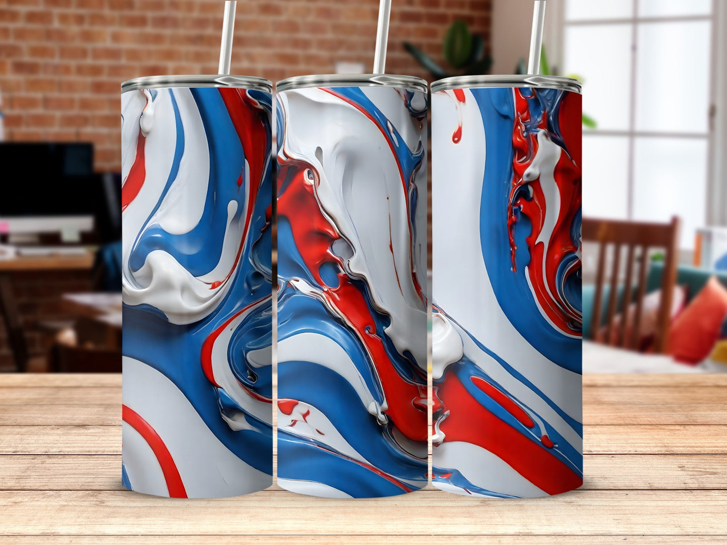 Red White Blue Swirling Liquid Abstract 3D Texture Tumbler product type