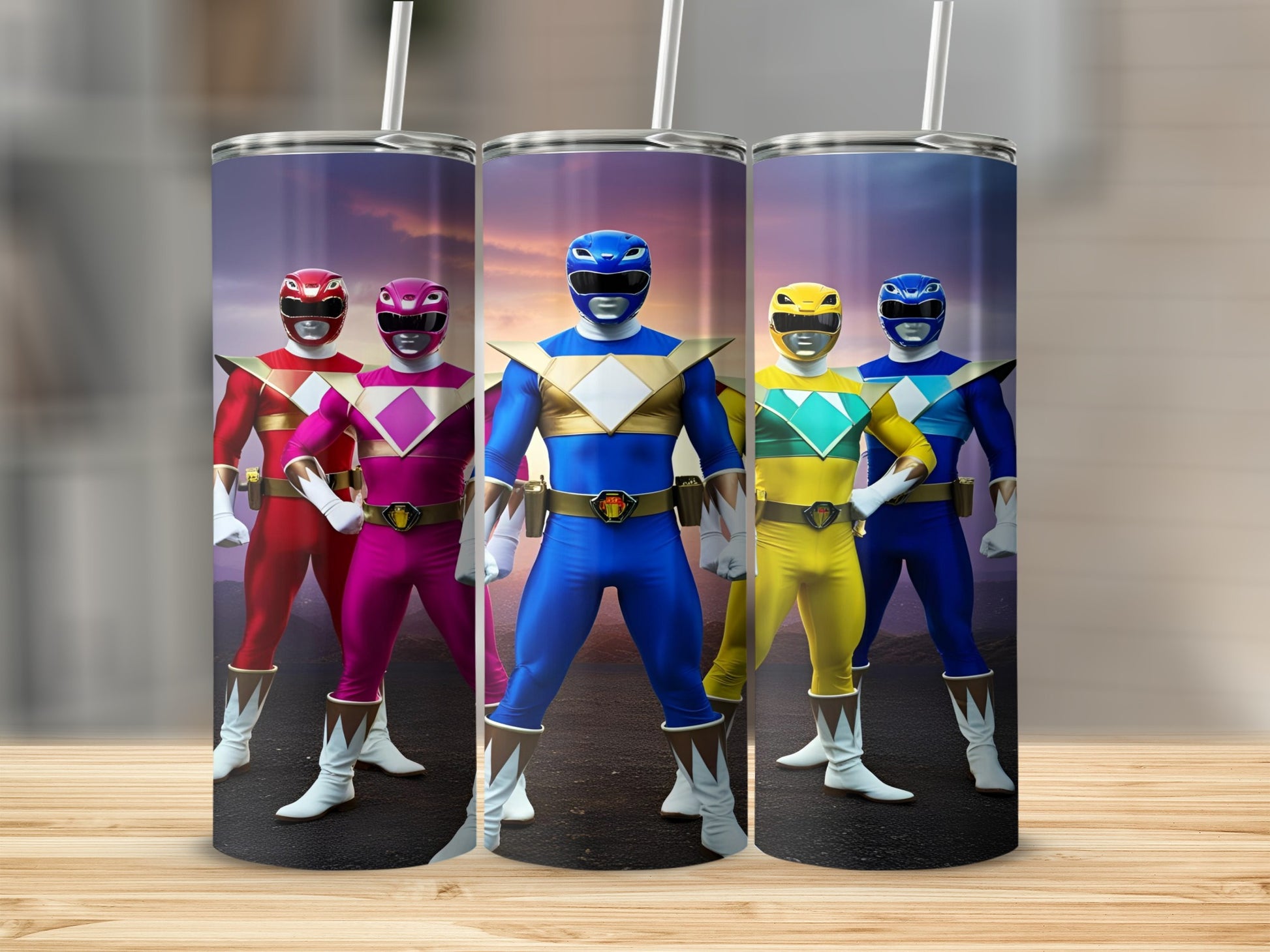 Five Power Rangers in colorful suits, standing on rocky ground.