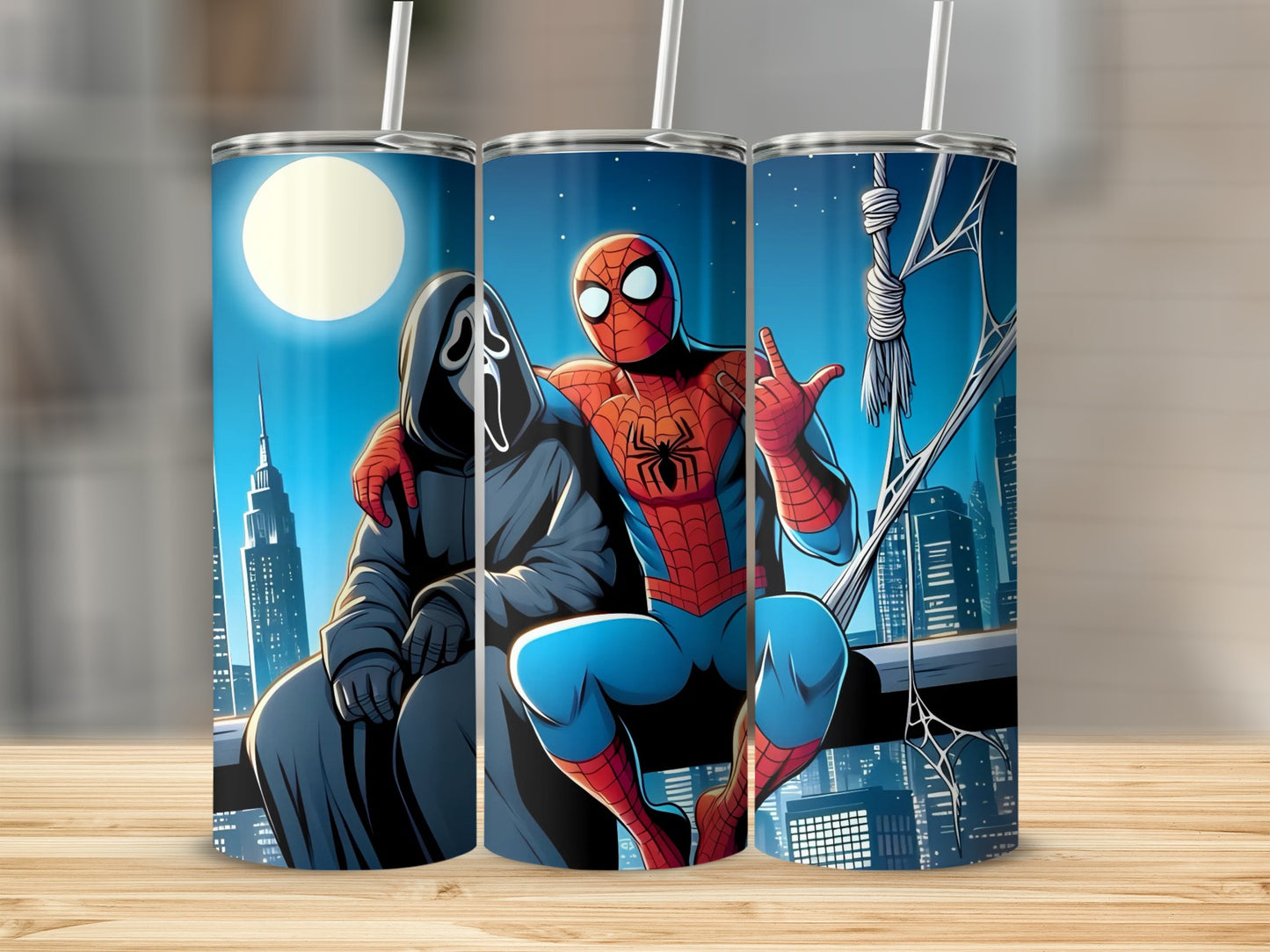 Spider-Man and Ghost Face Nighttime Skyline Tumbler