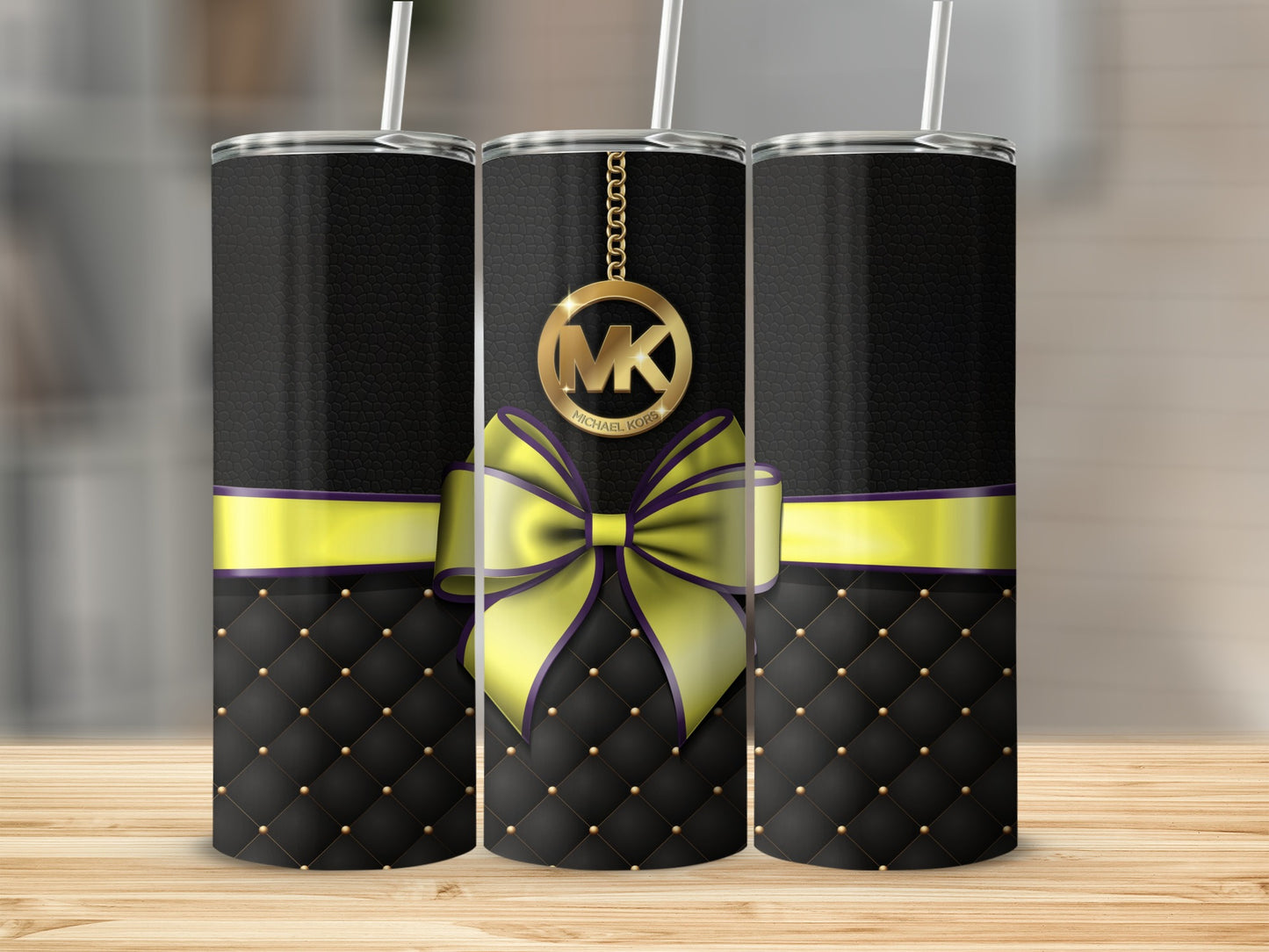 Black Quilted Tumbler with Yellow Bow and MK Chain