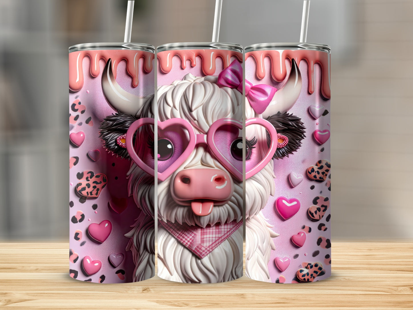 Pink cow with heart sunglasses and leopard print, on a tumbler.