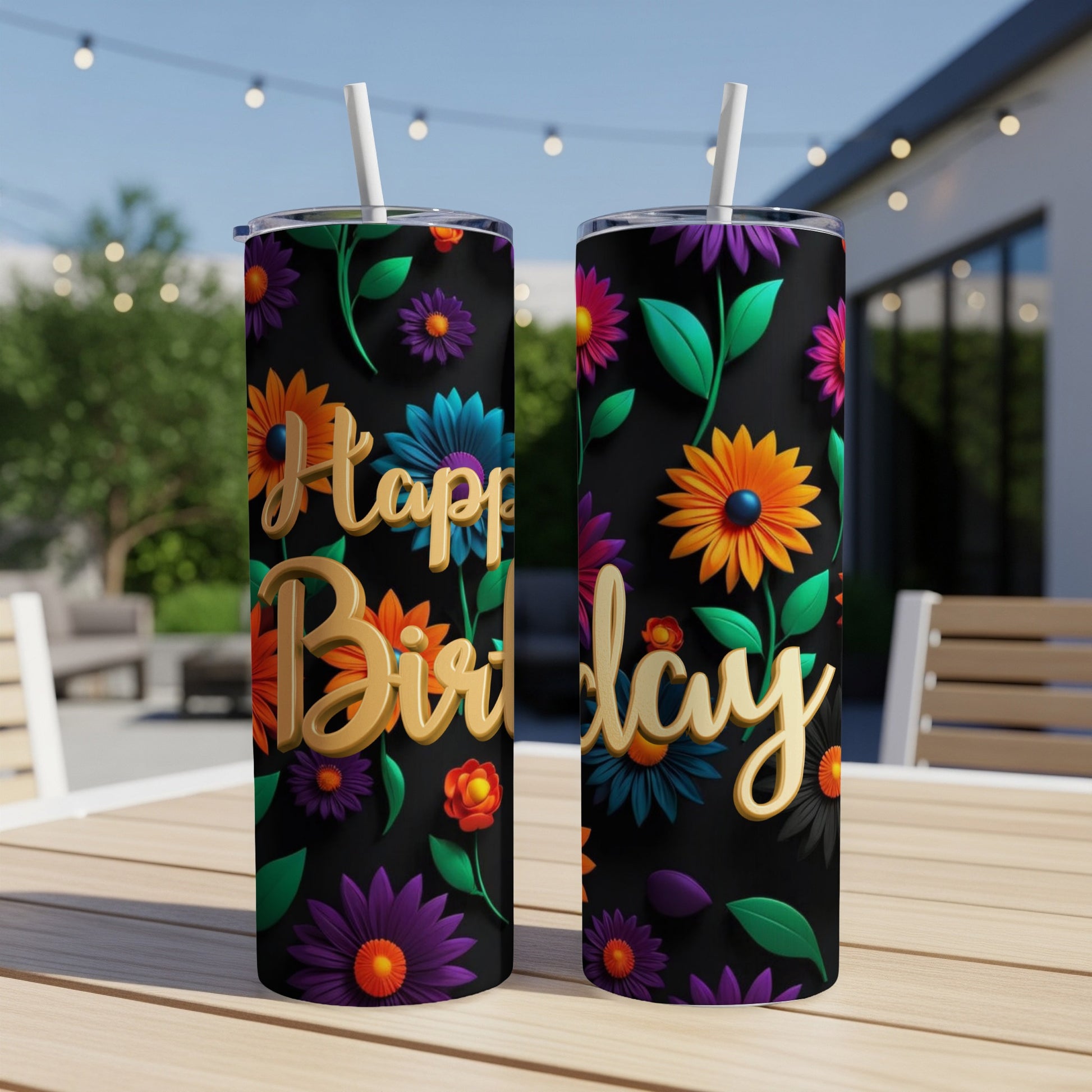 Two tumblers with "Happy Birthday" text and colorful floral design.