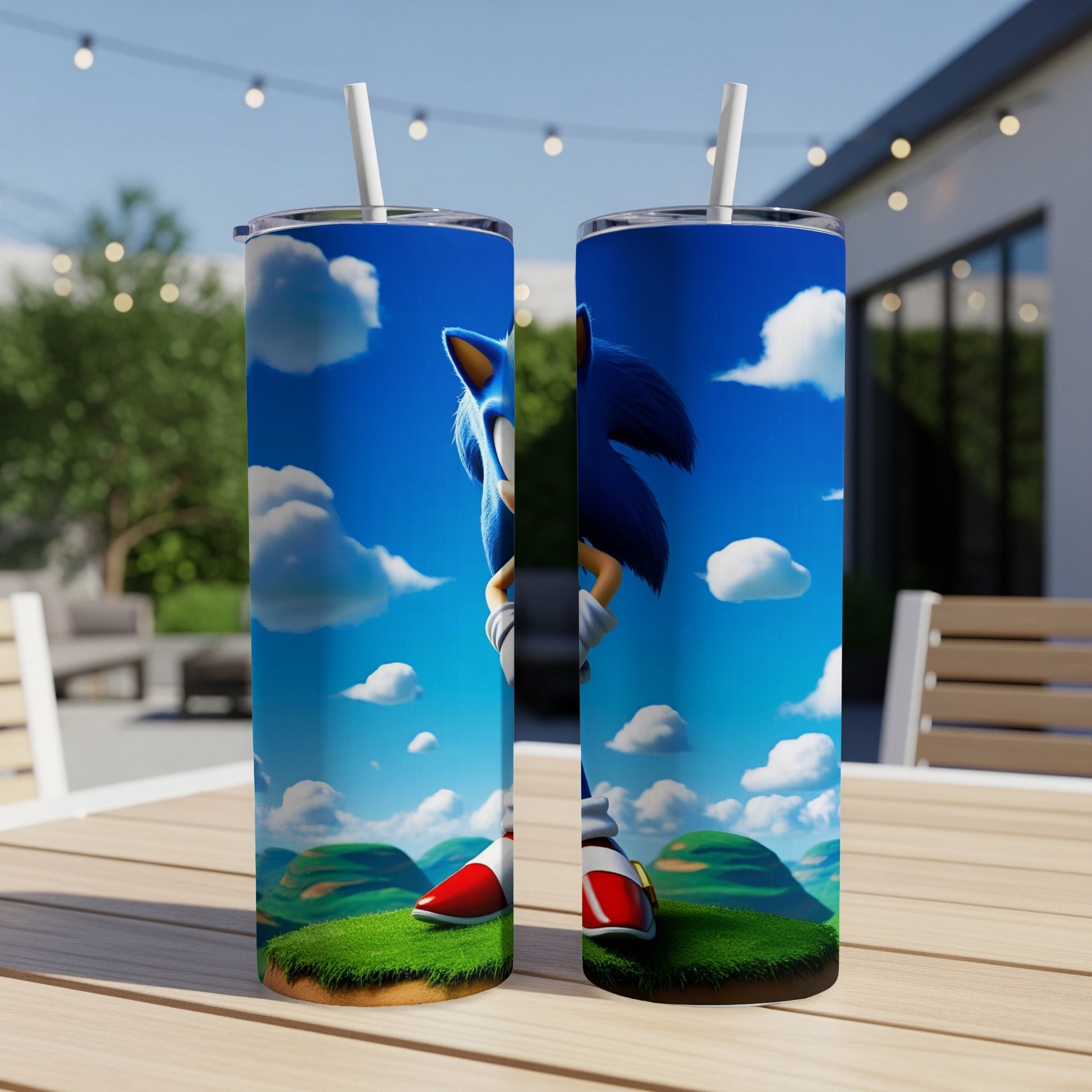 Sonic the Hedgehog character on a blue sky background with clouds.