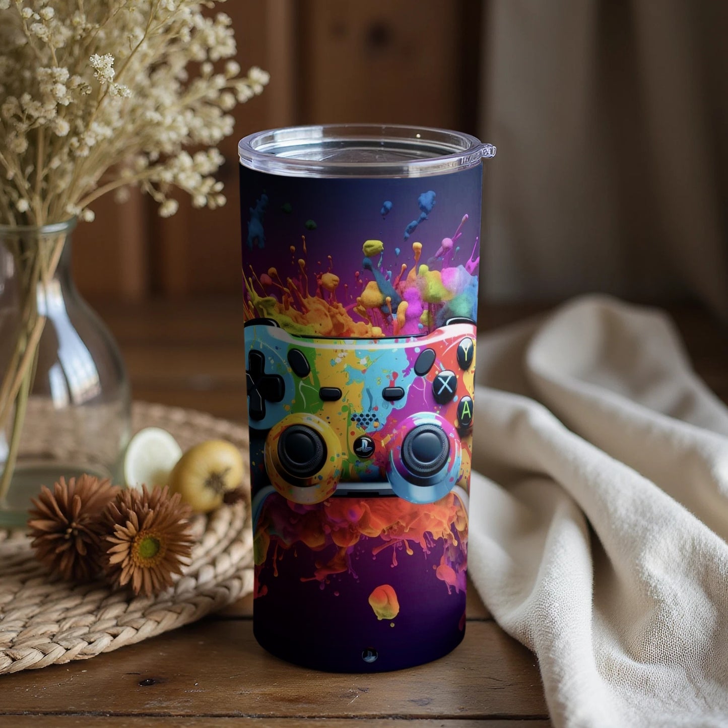 Vibrant Multicolor Gaming Controller Pattern Tumbler