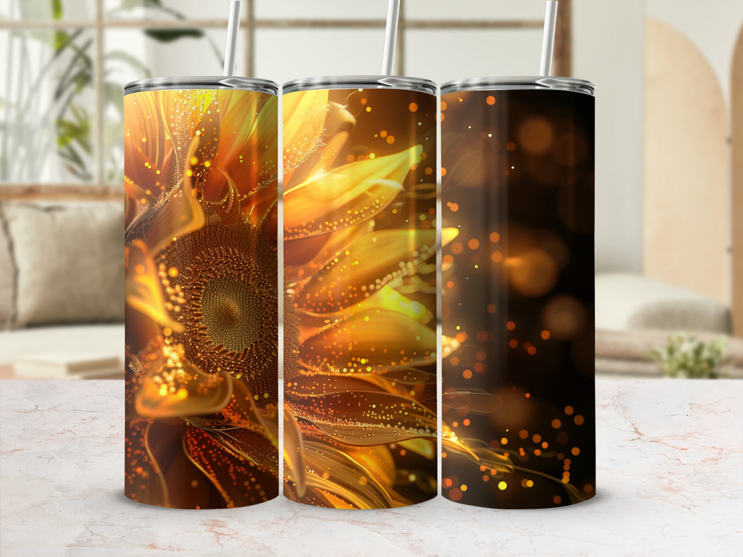 Sunflower tumbler with glowing abstract light effects and bokeh.