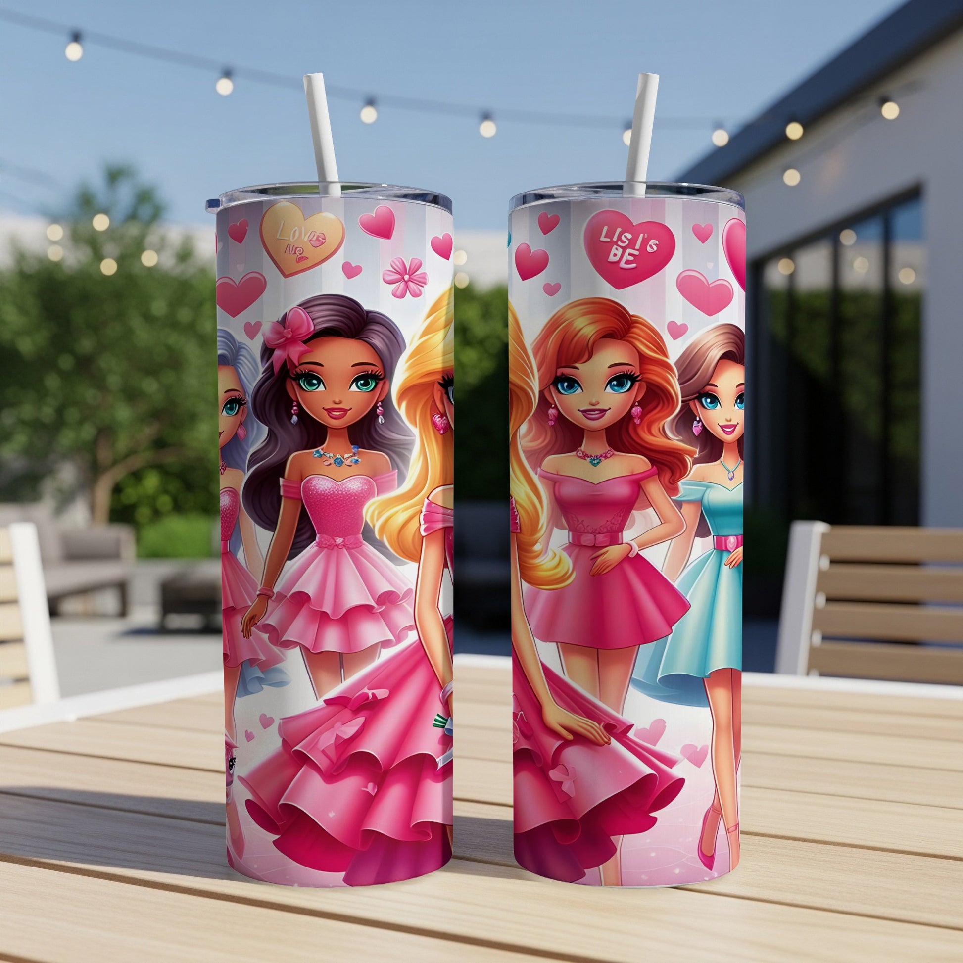 Two pink tumblers featuring Barbie-style dolls in pink dresses and hearts.