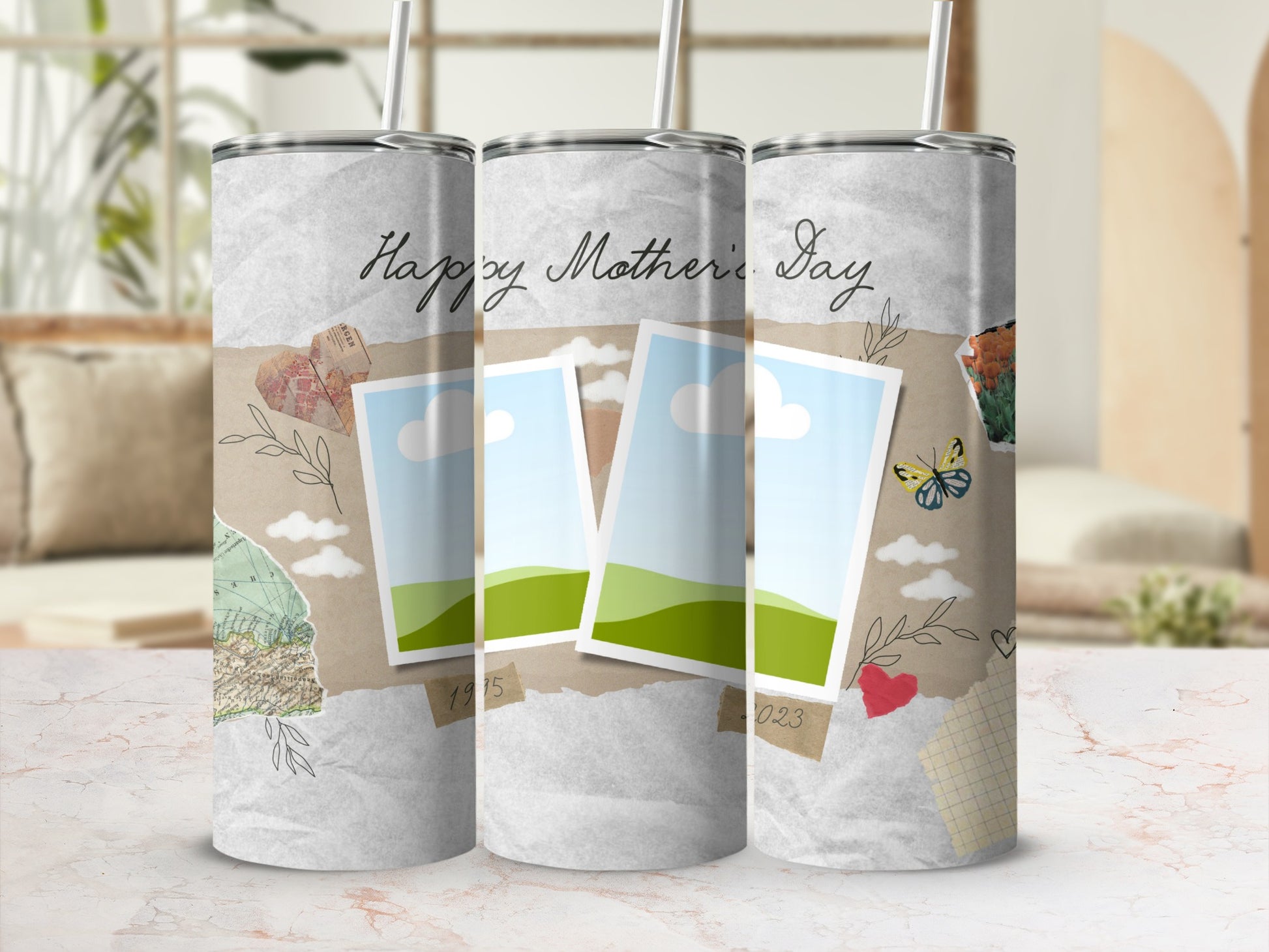 "Happy Mother's Day" tumbler with collage of photos, map, butterfly, and heart.