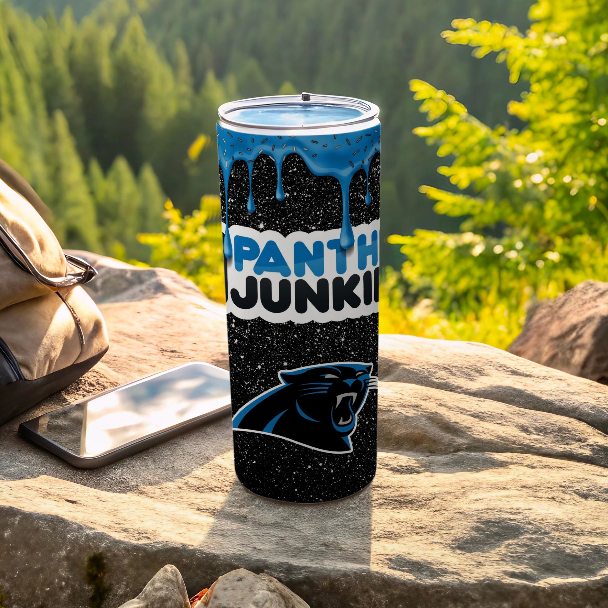 Panth Junkie Tumbler with Panther Graphic and Blue Accent