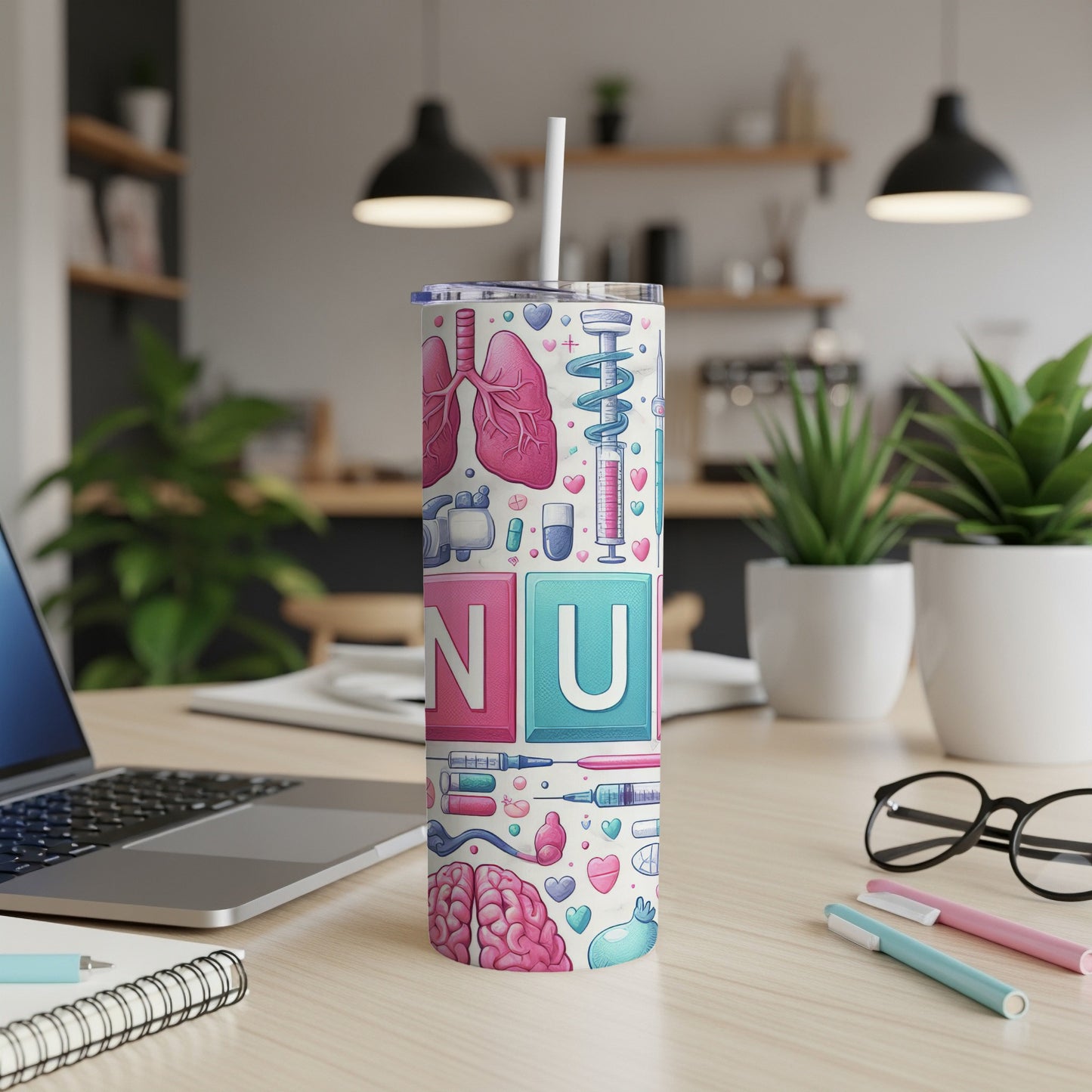Nurse-themed tumbler with medical icons and "NU" text.