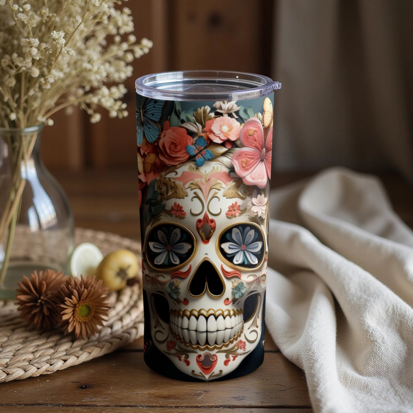 Vibrant Floral Sugar Skull Tumbler for Unique Beverages