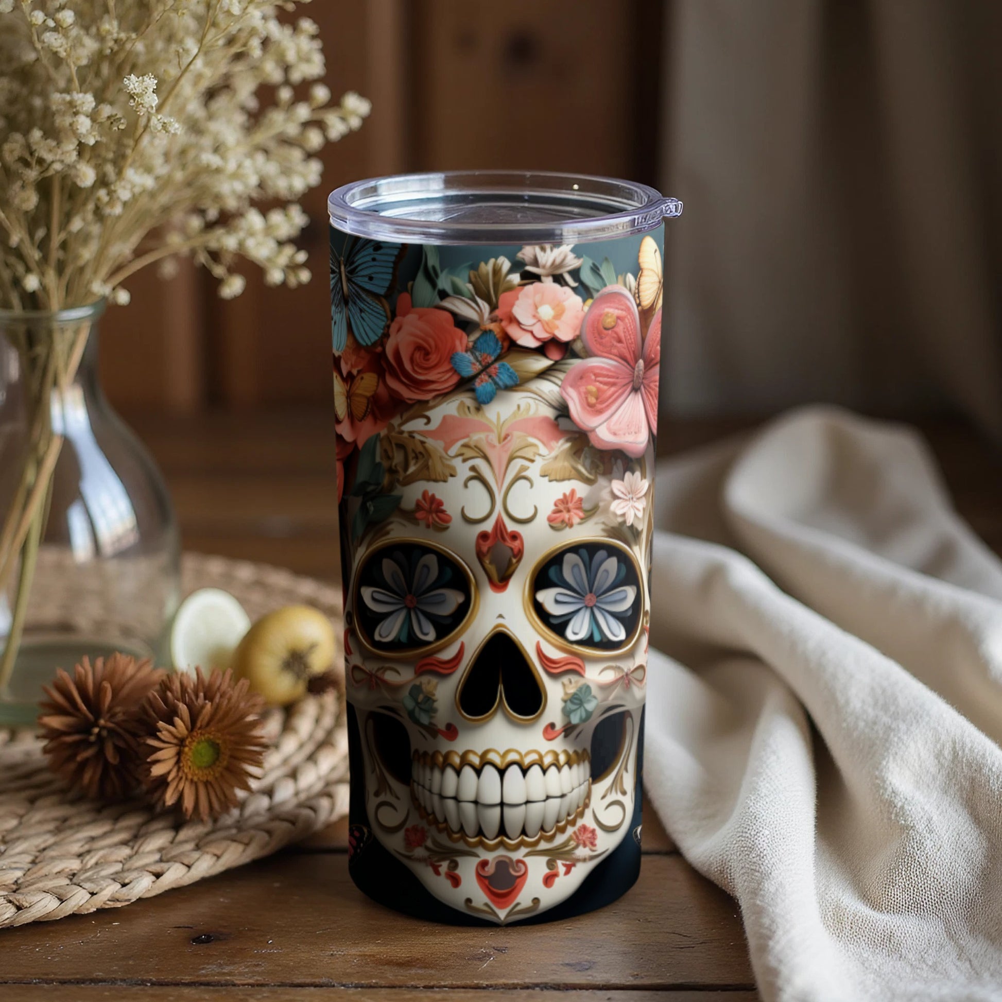 Vibrant Floral Sugar Skull Tumbler for Unique Beverages