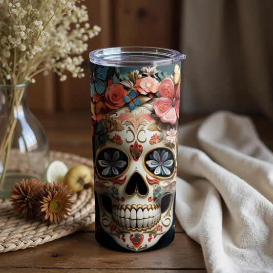 Vibrant Floral Sugar Skull Tumbler for Unique Beverages