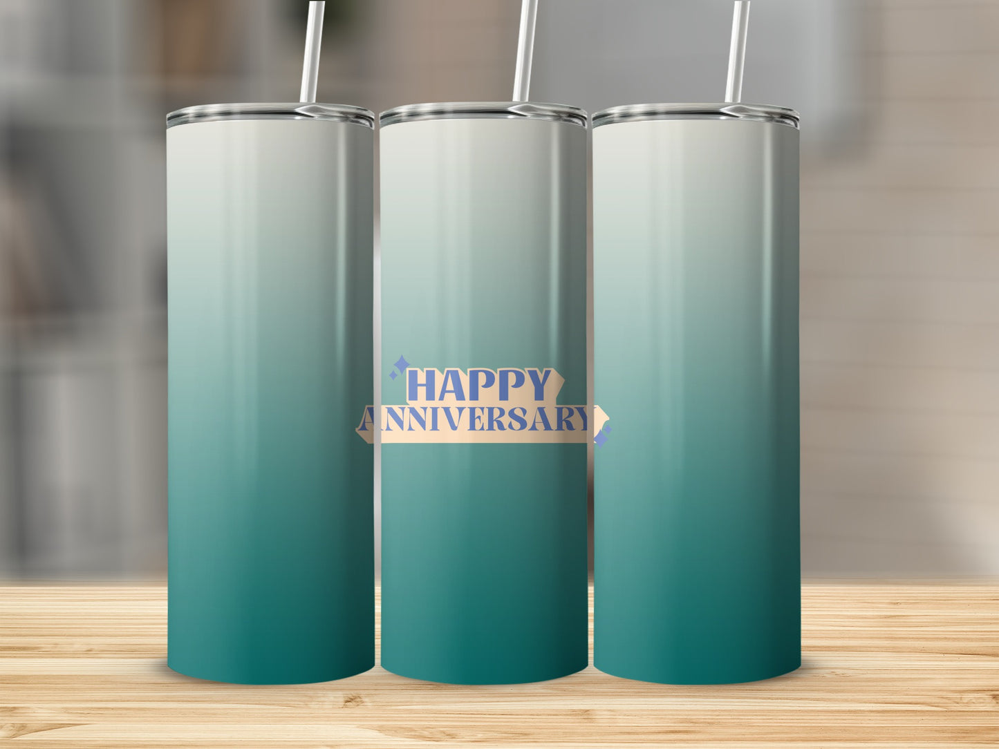 Three tumblers with teal-to-white gradient and "Happy Anniversary" text.