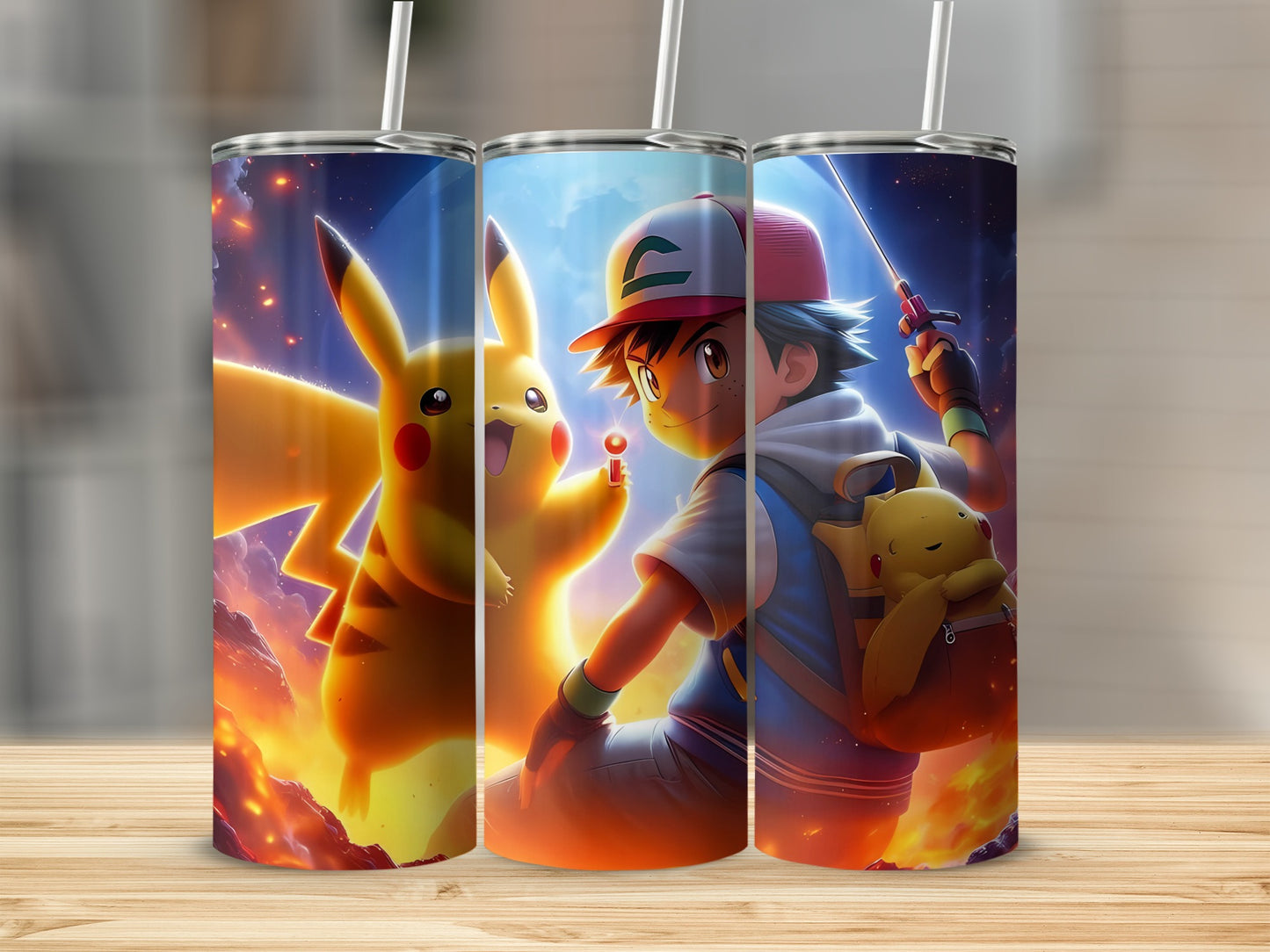 Pikachu and Trainer Design on Travel Tumbler Cup