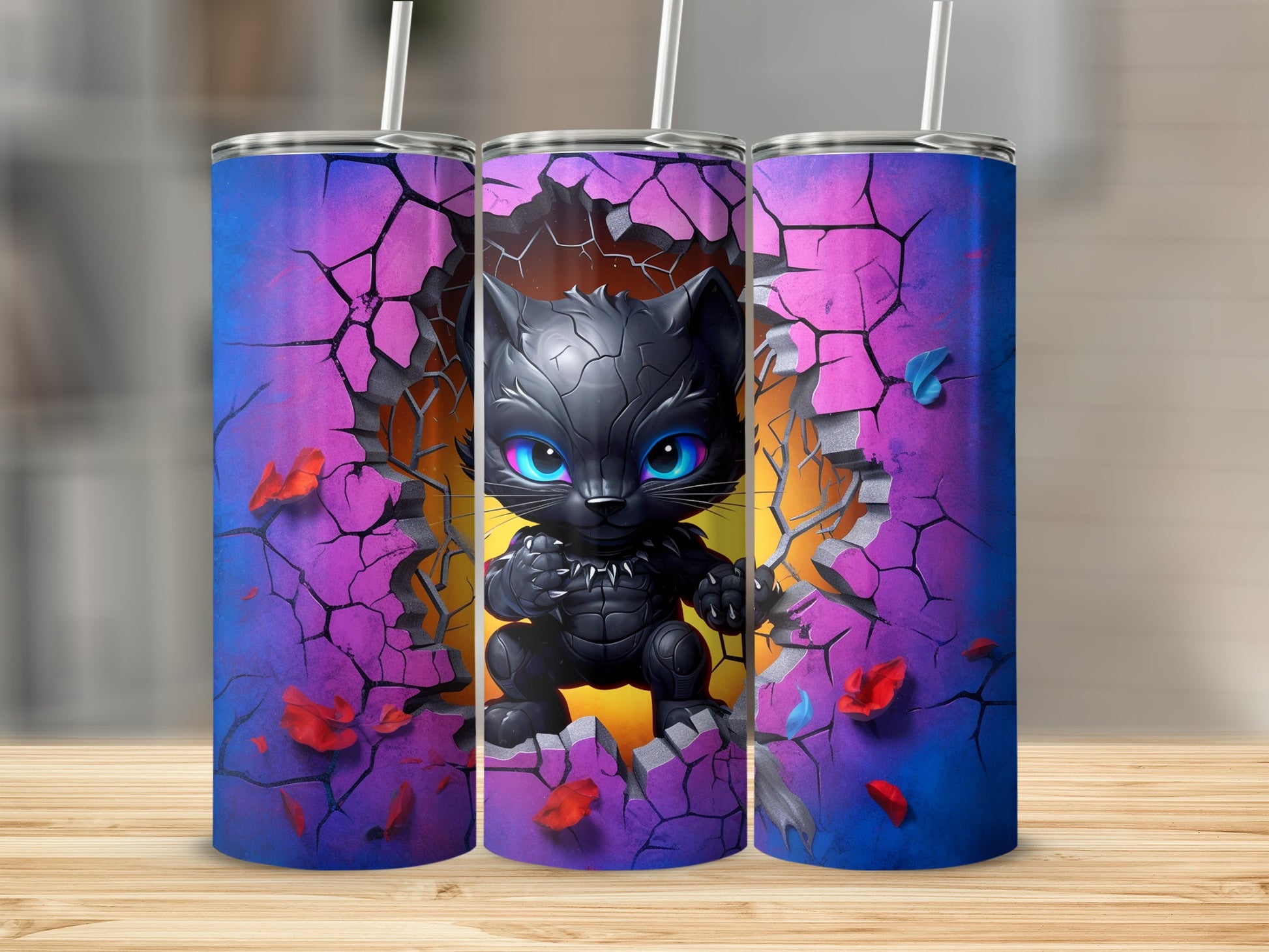 Adorable Black Kitten Cracked Wall Design Tumbler