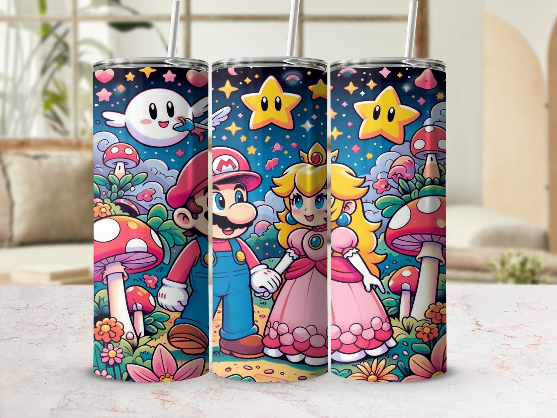 Cute Mario and Peach Fantasy Scene Tumbler Set