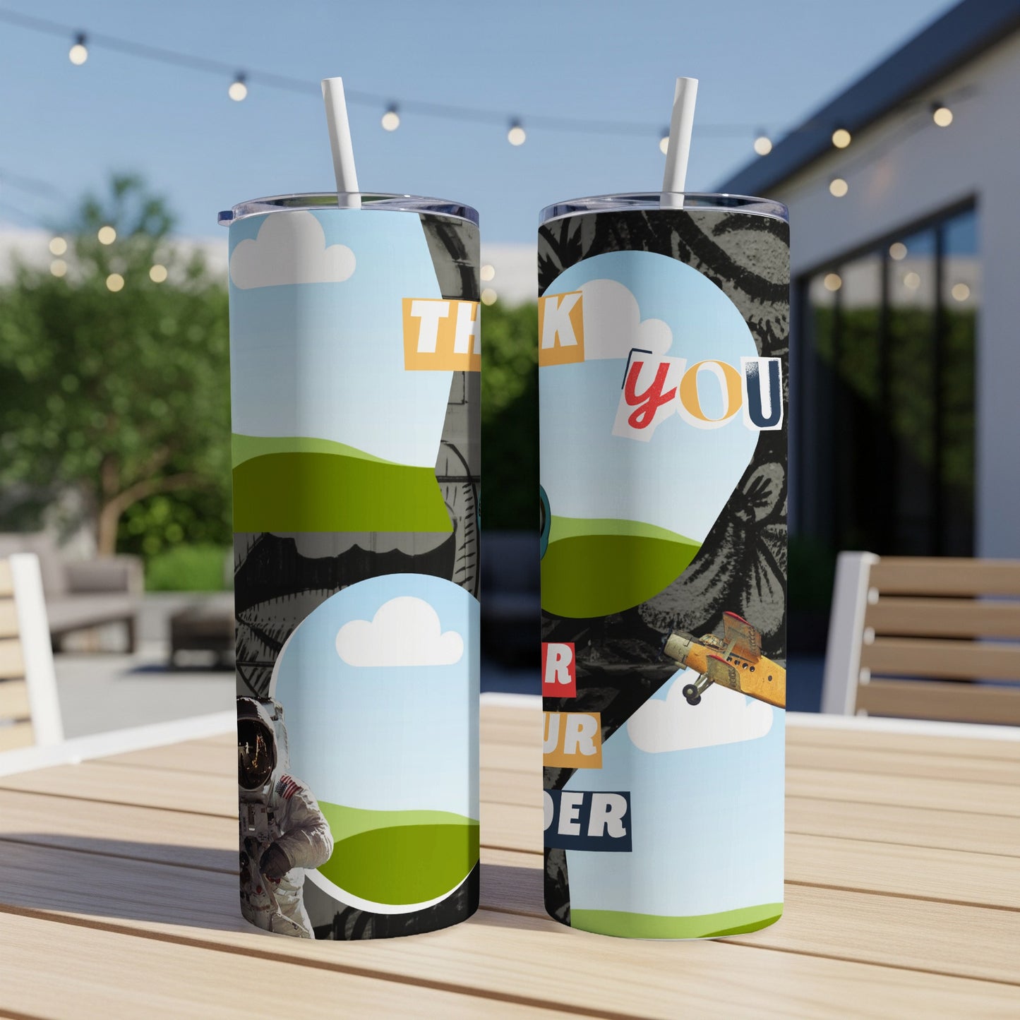 Two tumblers with "Thank You For Your Order" text, astronaut, and airplane designs.