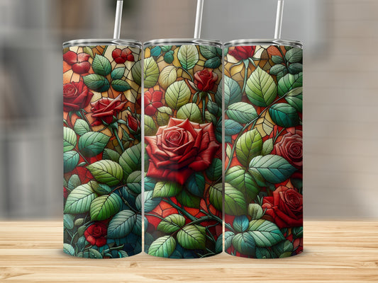 Three tumblers with stained glass rose and leaf pattern.