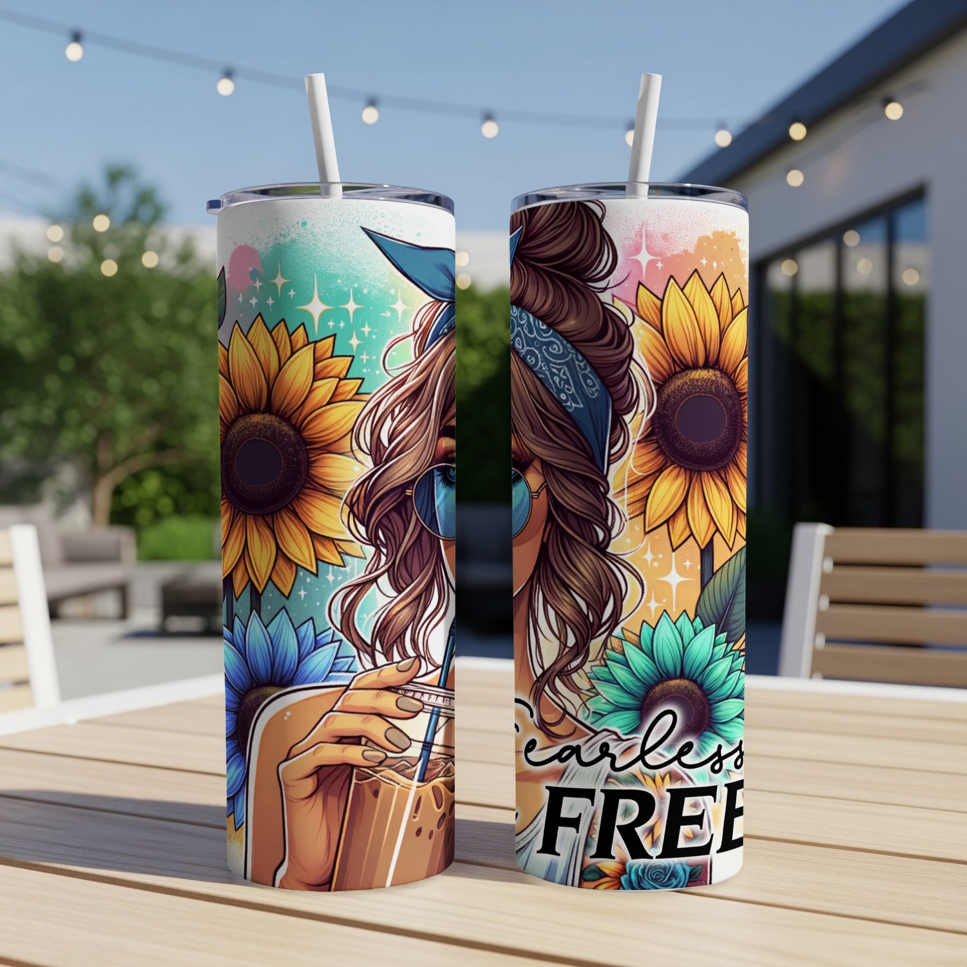 Two tumblers with sunflower and woman graphics, one reads "Fearless Free".