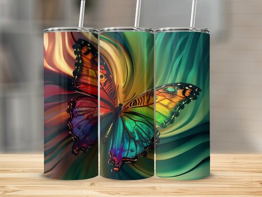 Three colorful butterfly tumblers with abstract backgrounds.