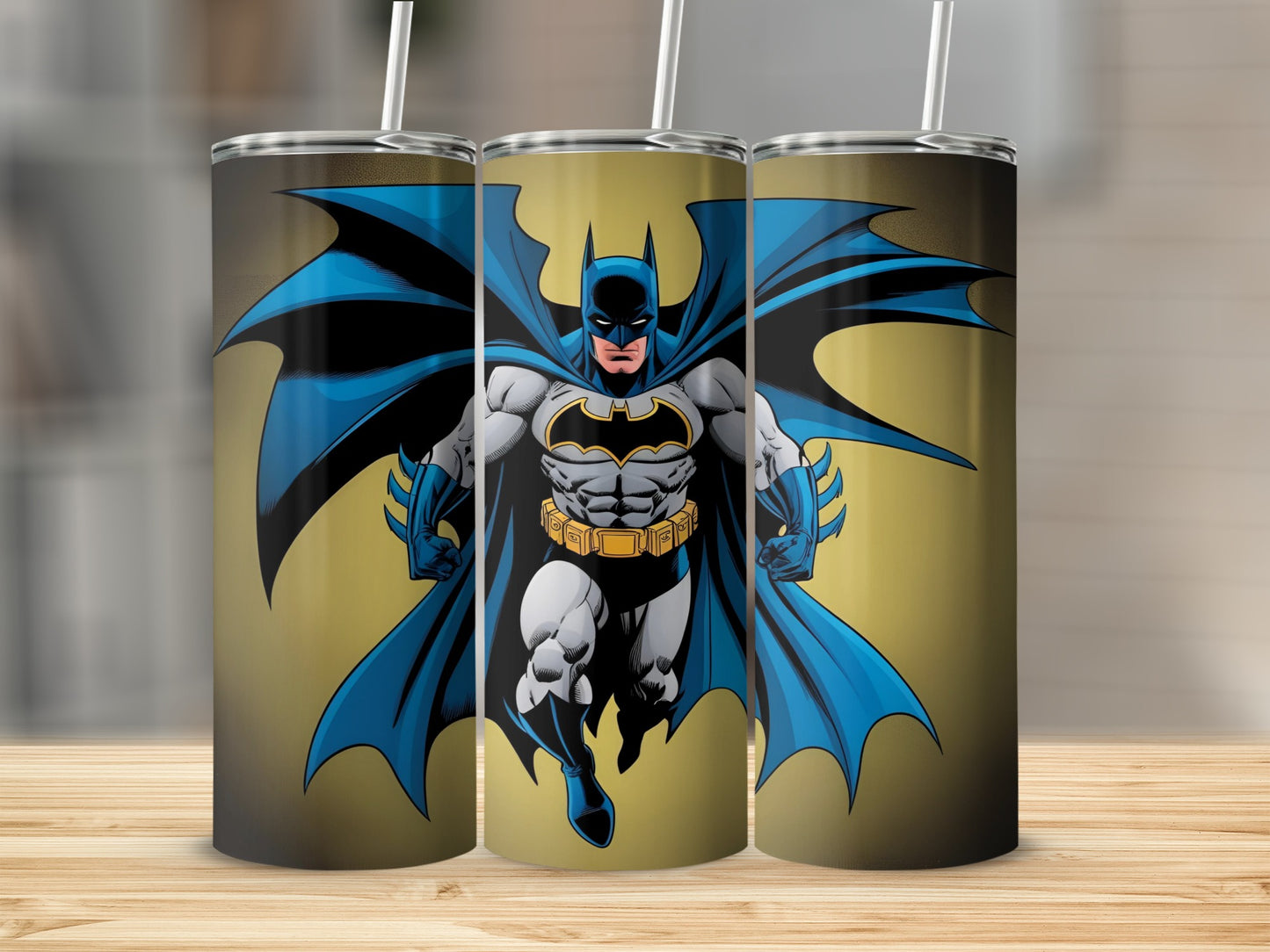 Batman in flight against a golden gradient background.