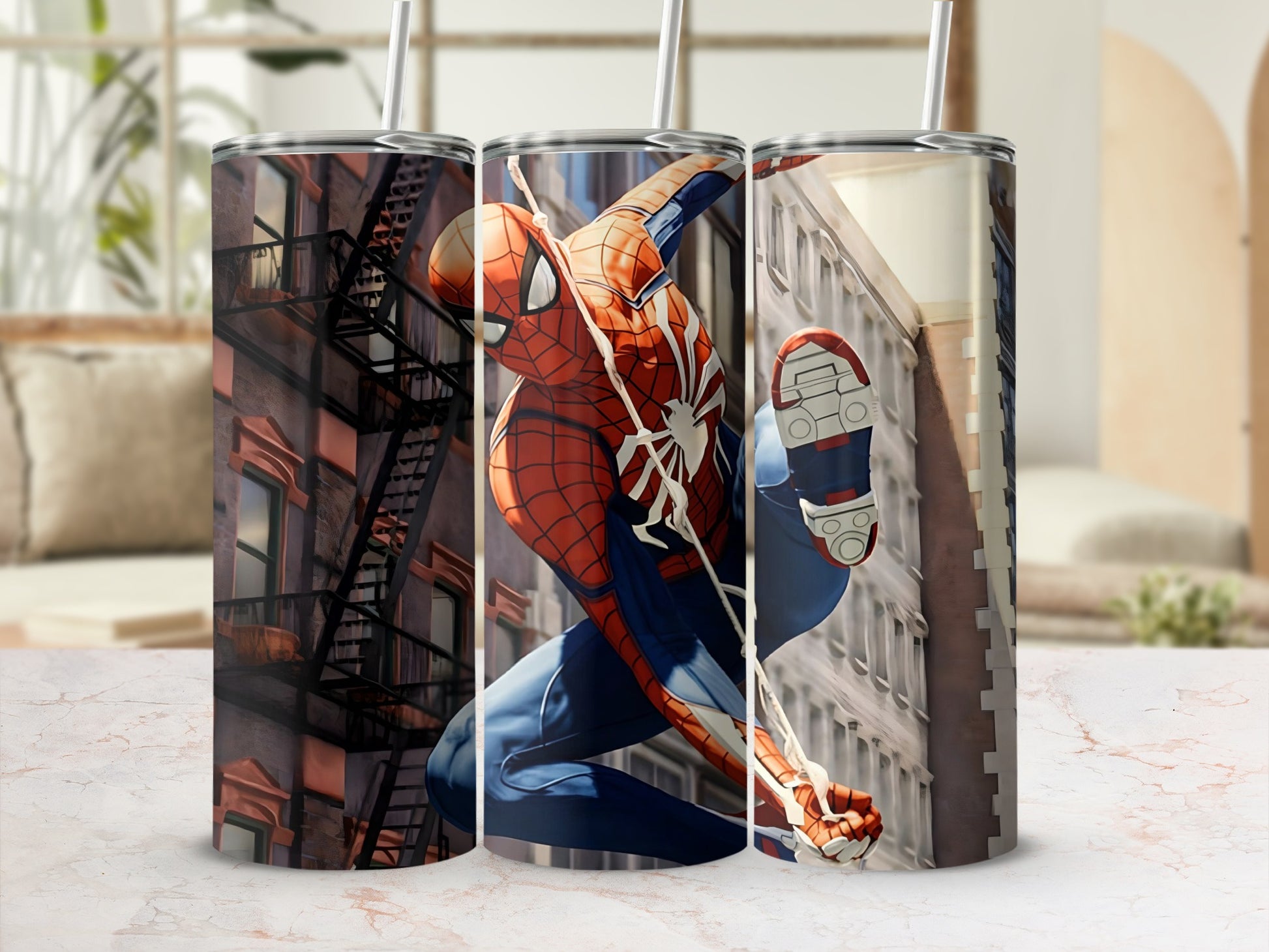 Spider-Man swinging through the city design tumbler