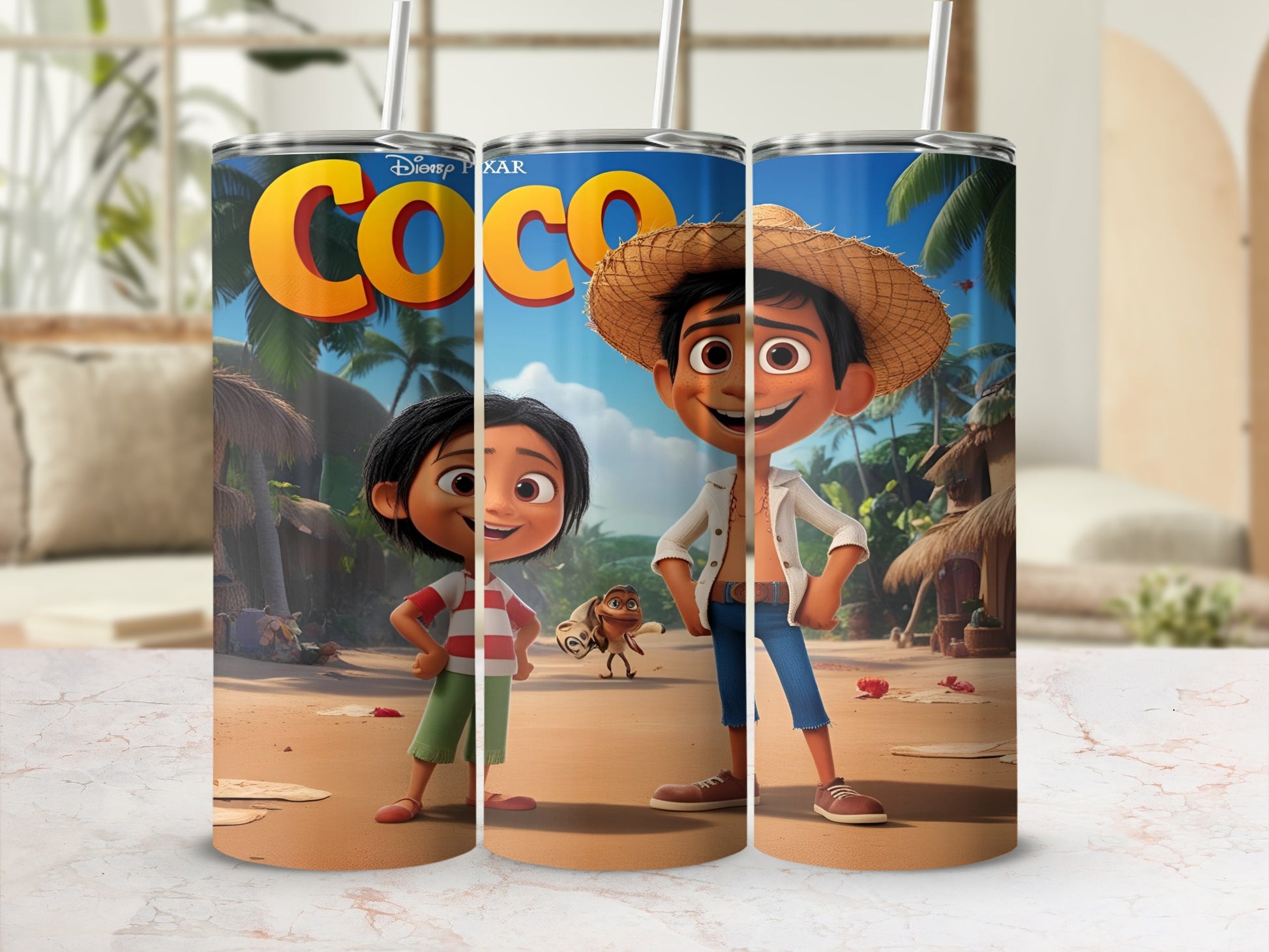 Miguel and Hector from Disney Pixar's Coco movie on a tumbler.