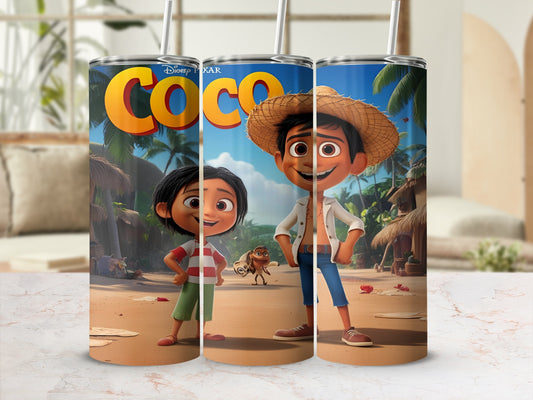 Miguel and Hector from Disney Pixar's Coco movie on a tumbler.