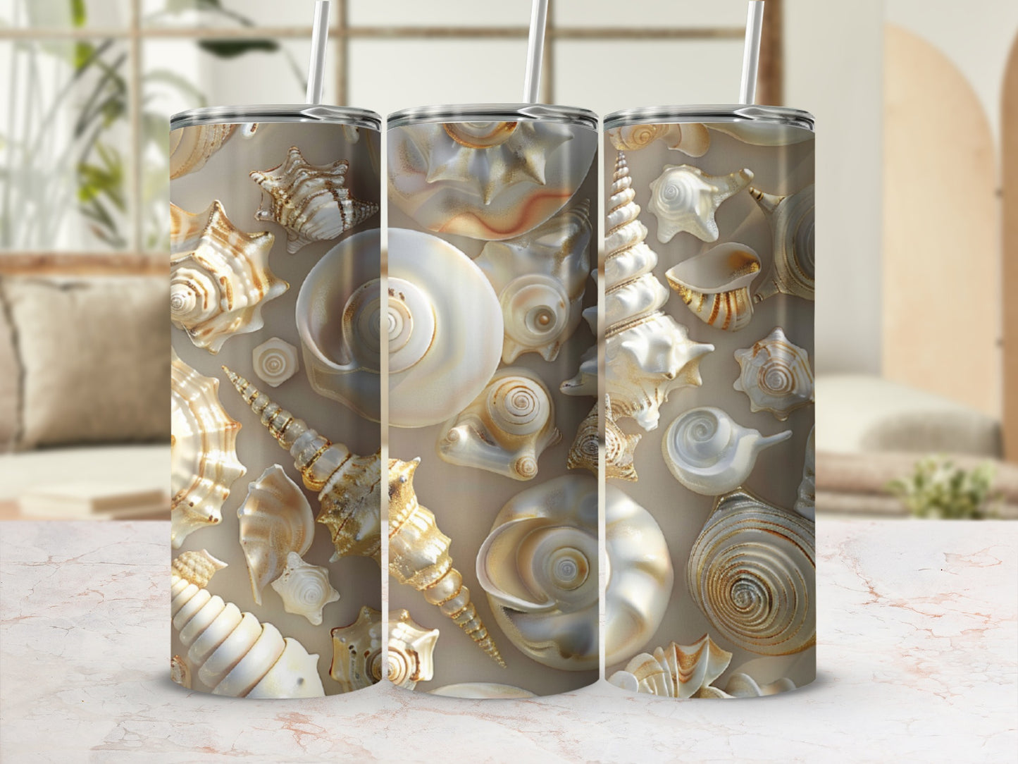 Triptych of tumblers featuring a detailed, scattered seashell pattern.