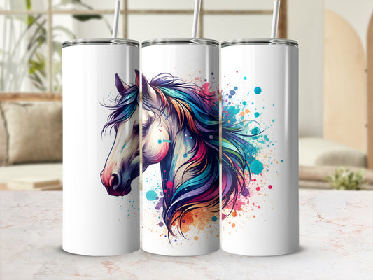 White tumbler with colorful abstract horse design.