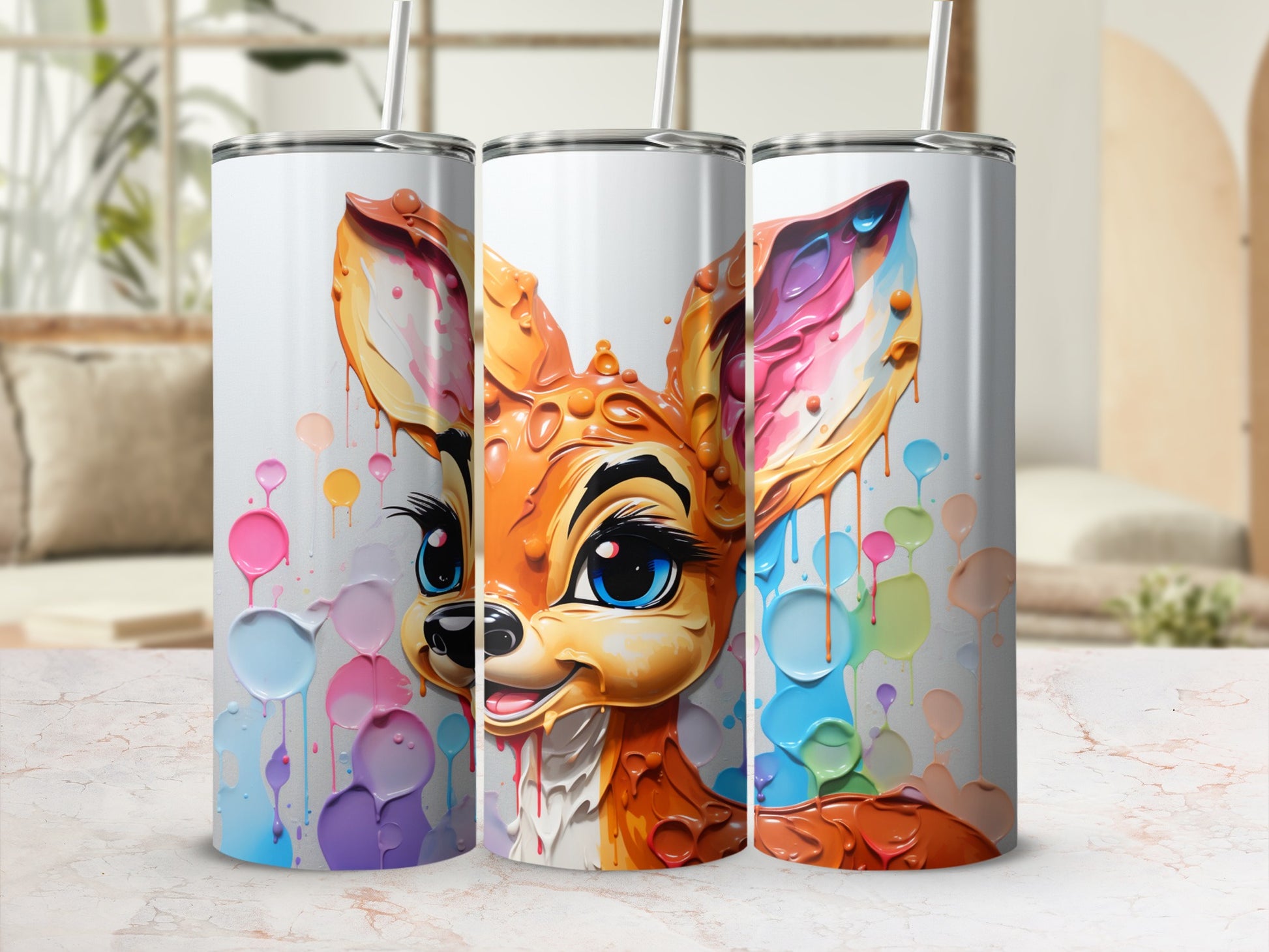 Colorful Dripping Paint Style Deer Design Tumbler