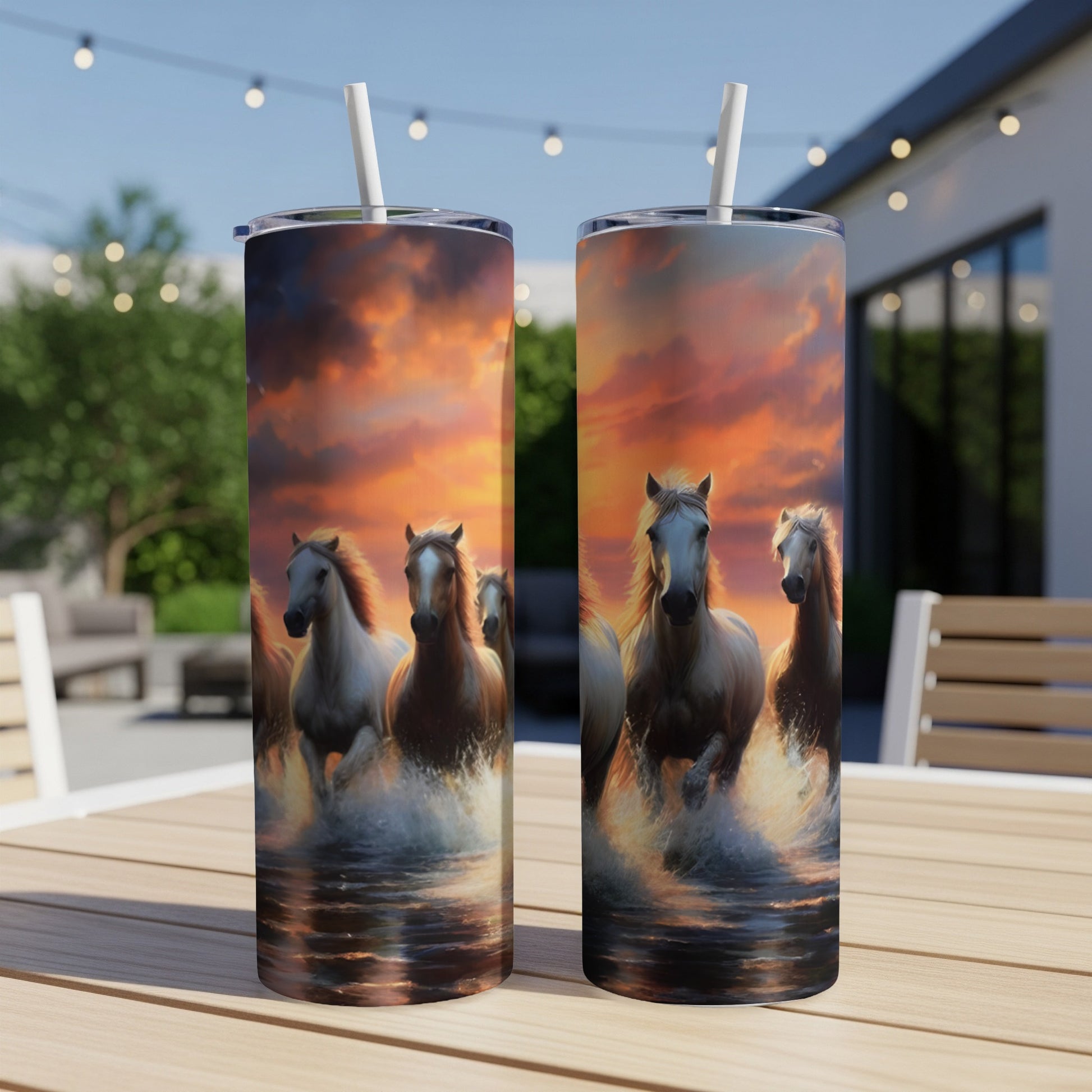 Two tumblers with horses running through water at sunset.